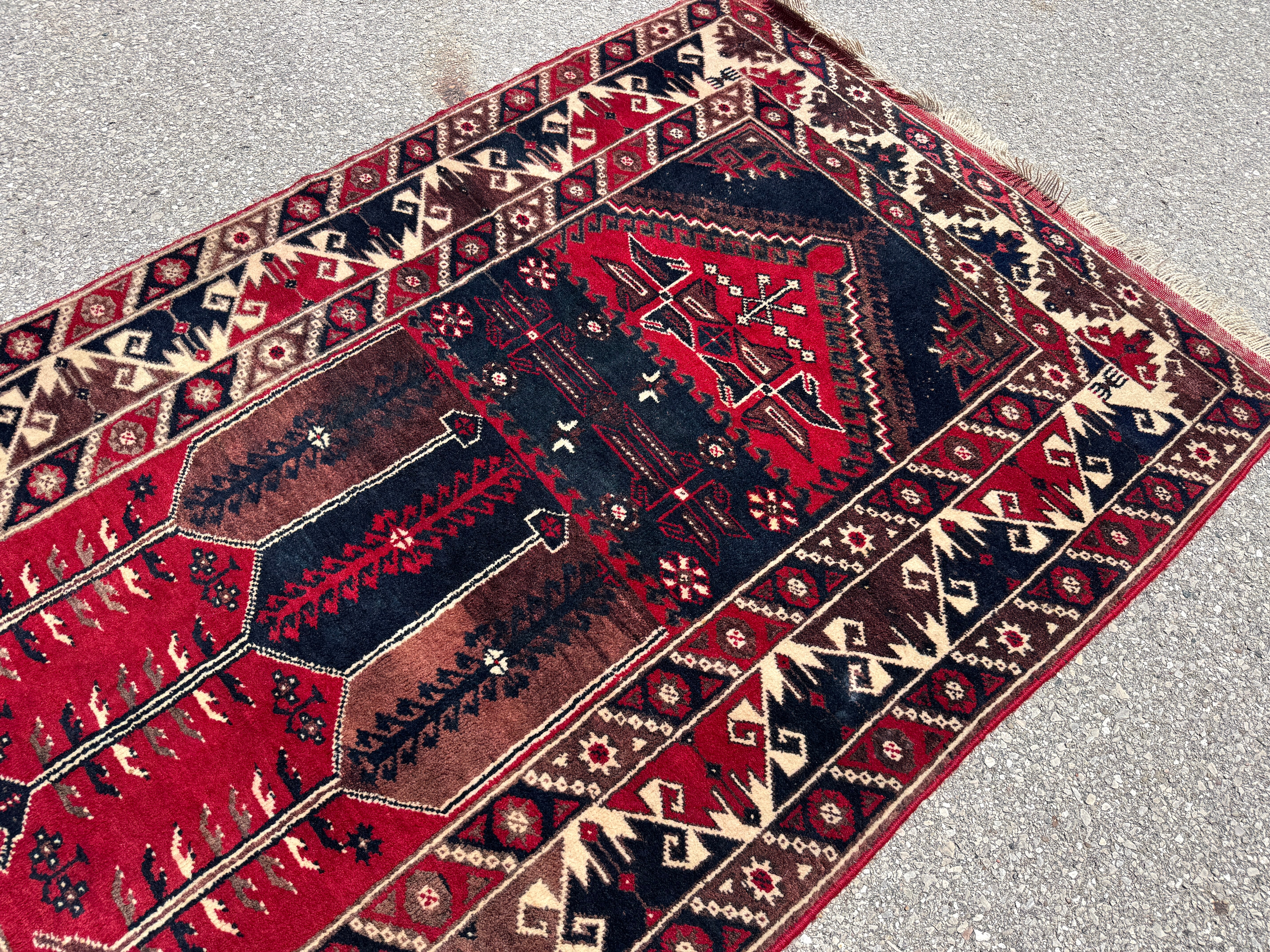 Vintage Turkish Konya Rug — Ruby & Indigo Tree Motifs. Additional original photograph showing the rug's surface, design and weave. SKU 12407025.
