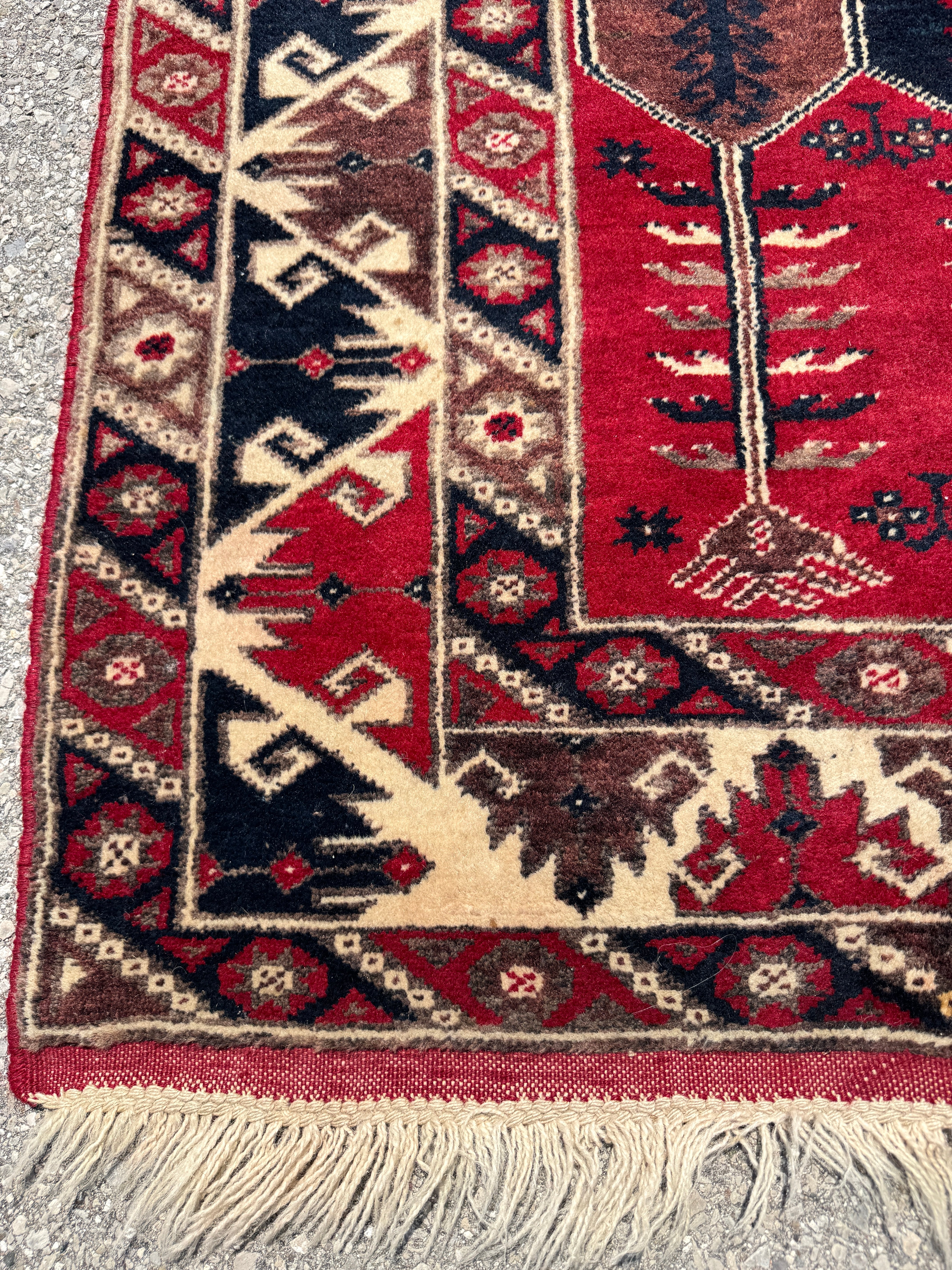 Vintage Turkish Konya Rug — Ruby & Indigo Tree Motifs. Additional original photograph showing the rug's surface, design and weave. SKU 12407025.