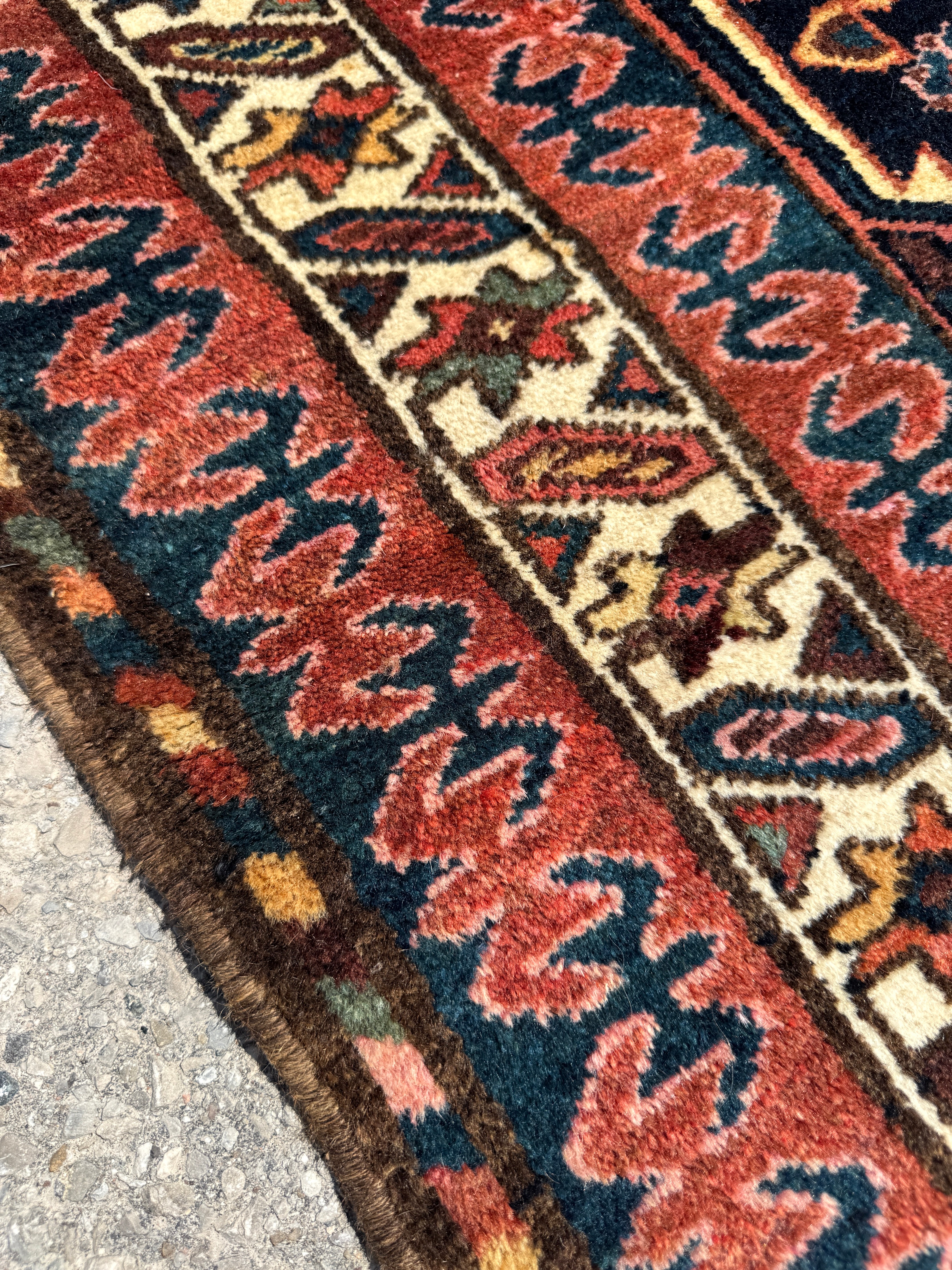 Vintage Kurdish Rug — Indigo & Coral Floral Medallion. Additional original photograph showing the rug's surface, design and weave. SKU 2050X.