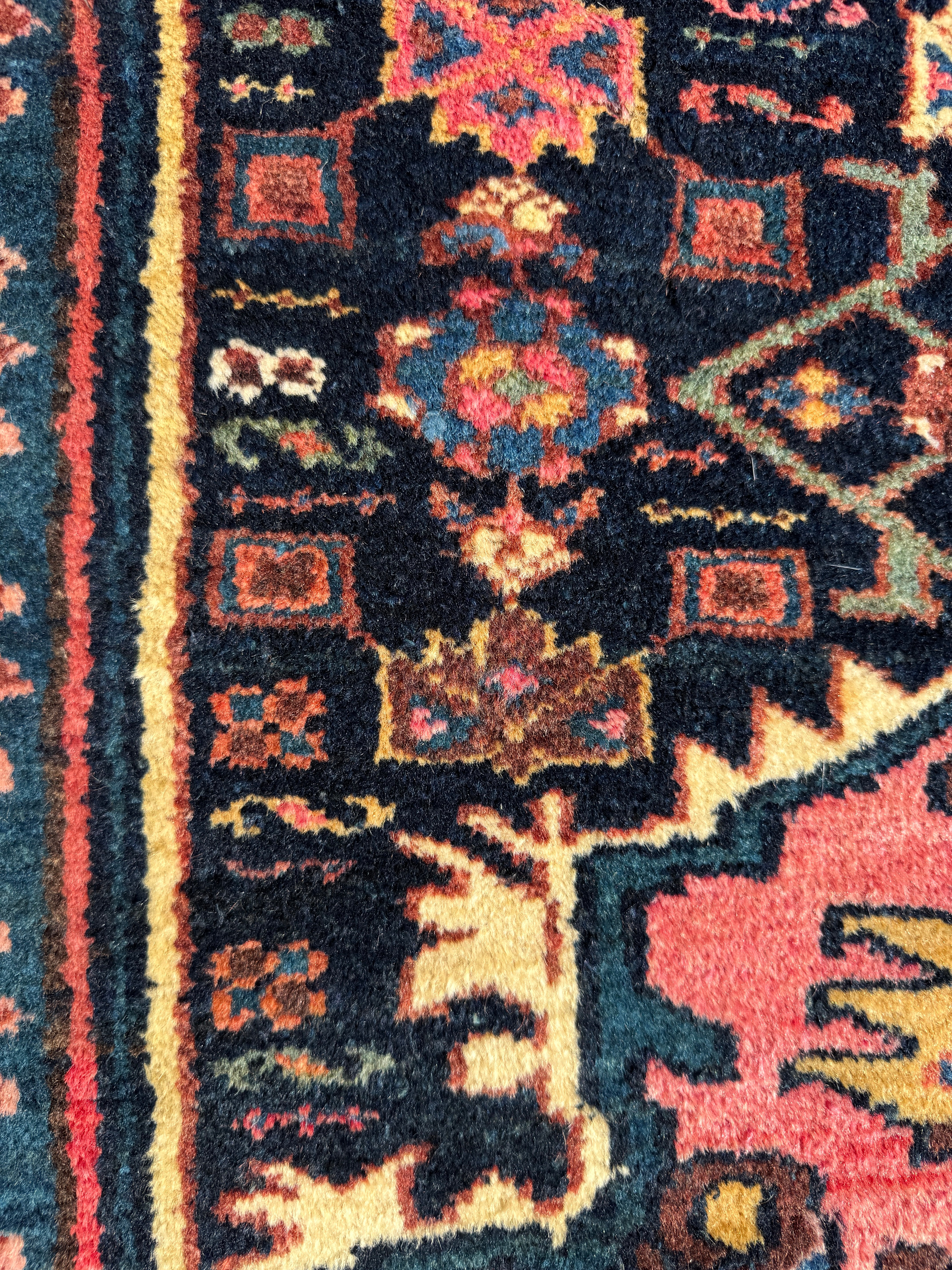 Vintage Kurdish Rug — Indigo & Coral Floral Medallion. Additional original photograph showing the rug's surface, design and weave. SKU 2050X.