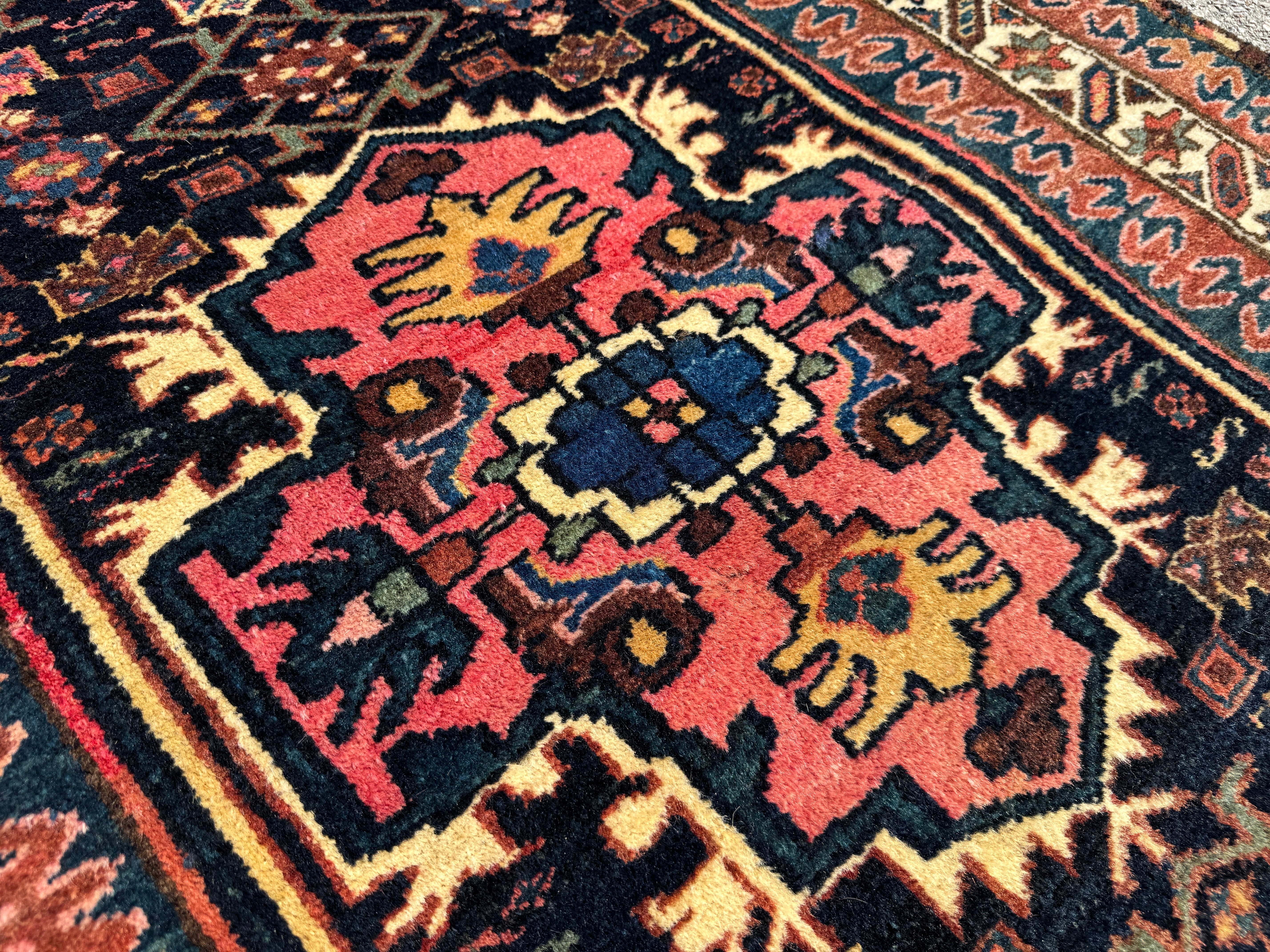 Vintage Kurdish Rug — Indigo & Coral Floral Medallion. Additional original photograph showing the rug's surface, design and weave. SKU 2050X.