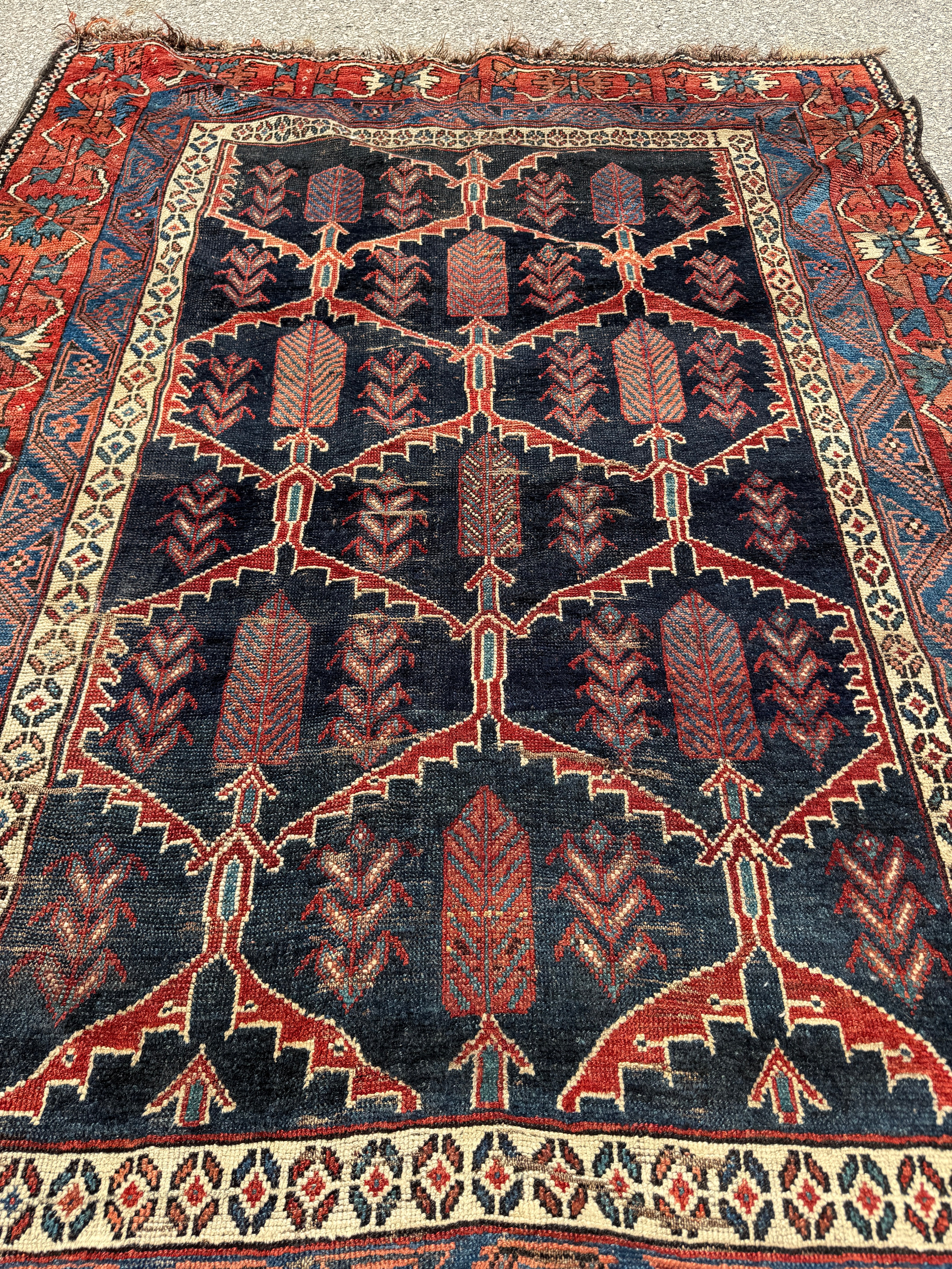 Antique Bakhtiari Rug — Cypress Lattice on Midnight Blue. Additional original photograph showing the rug's surface, design and weave. SKU 2058.