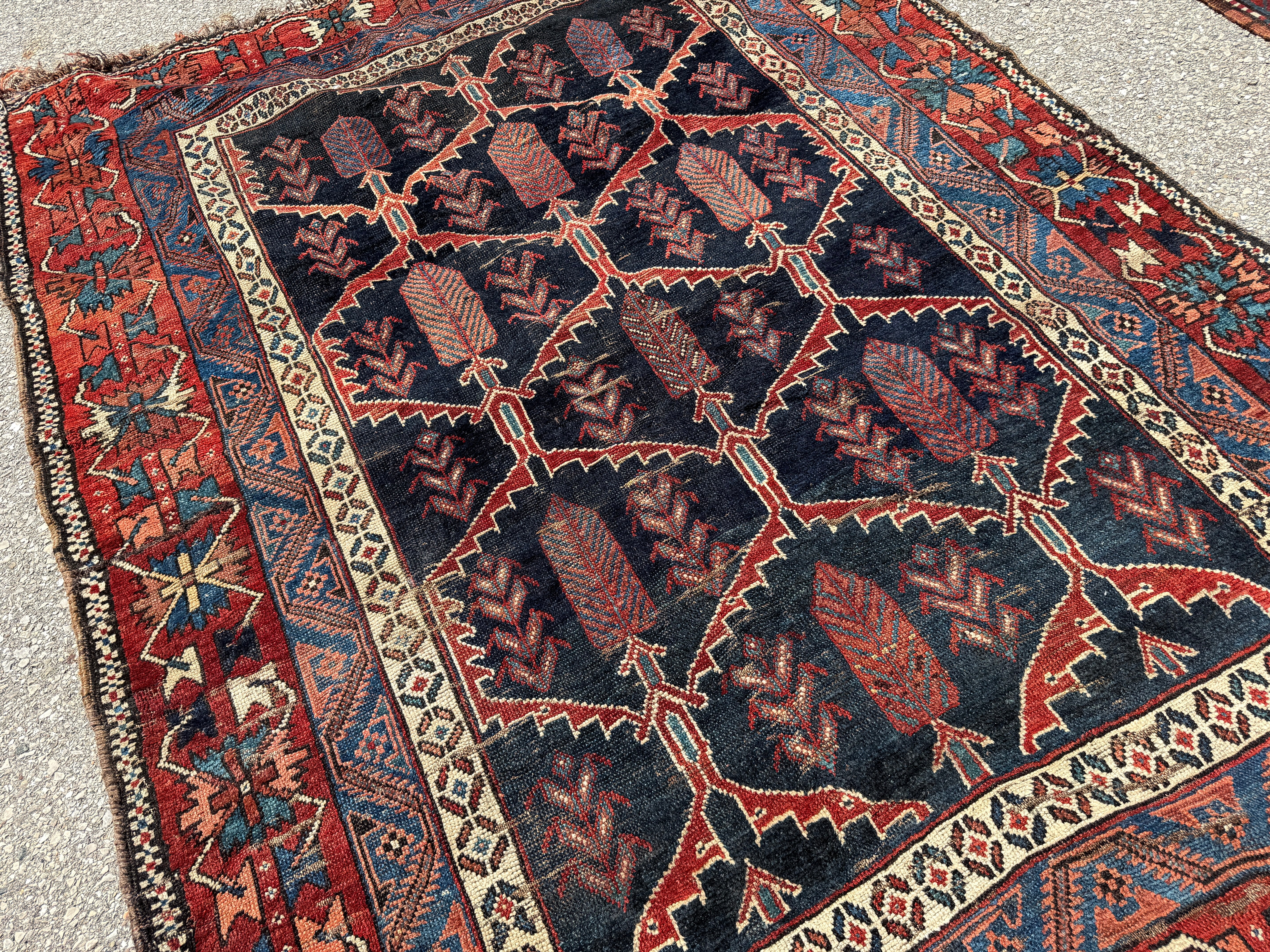 Antique Bakhtiari Rug — Cypress Lattice on Midnight Blue. Additional original photograph showing the rug's surface, design and weave. SKU 2058.