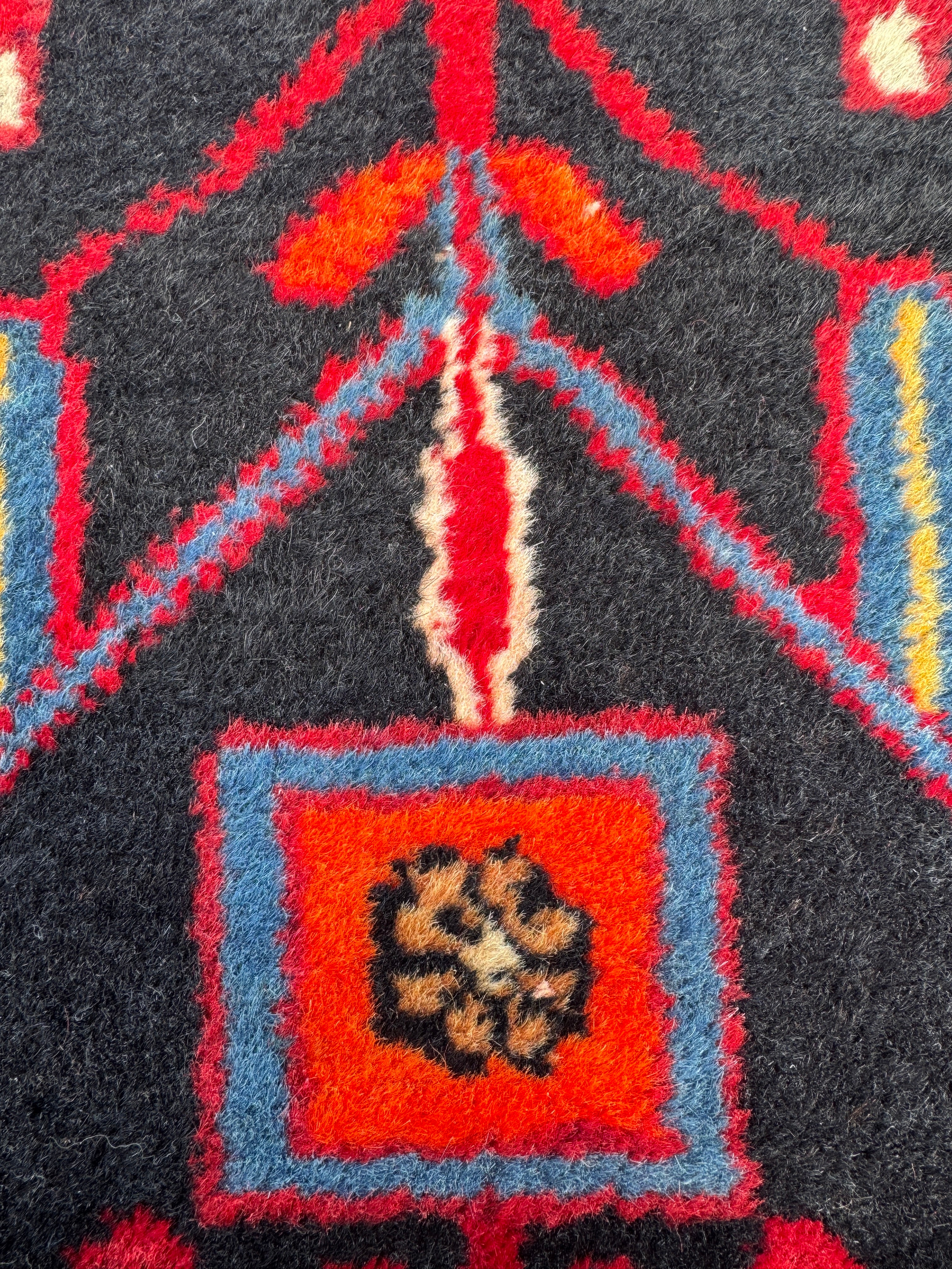 Vintage Nahavand Runner — Scarlet Florals on Midnight Blue. Additional original photograph showing the rug's surface, design and weave. SKU 2121.