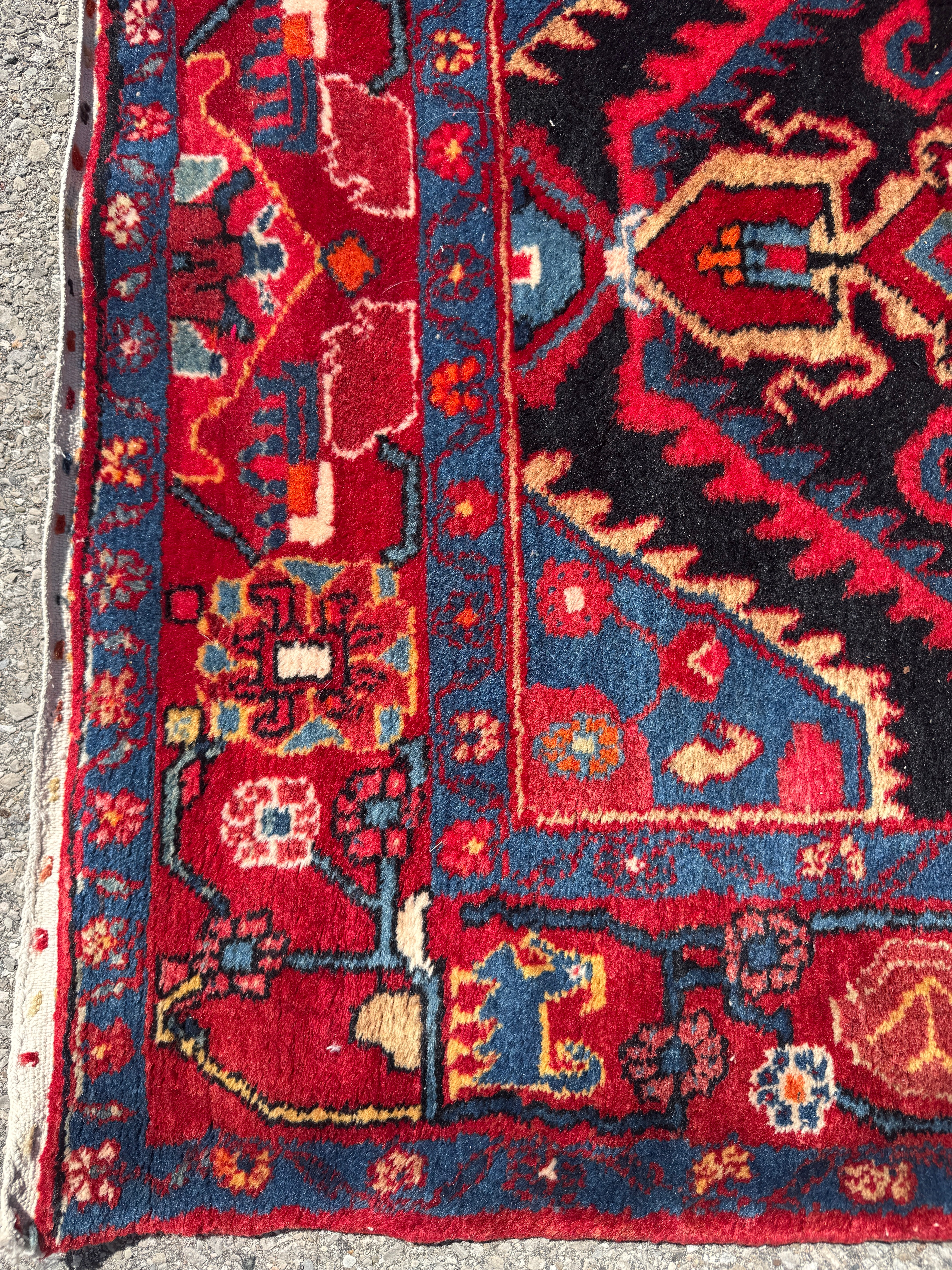 Vintage Nahavand Runner — Scarlet Florals on Midnight Blue. Additional original photograph showing the rug's surface, design and weave. SKU 2121.