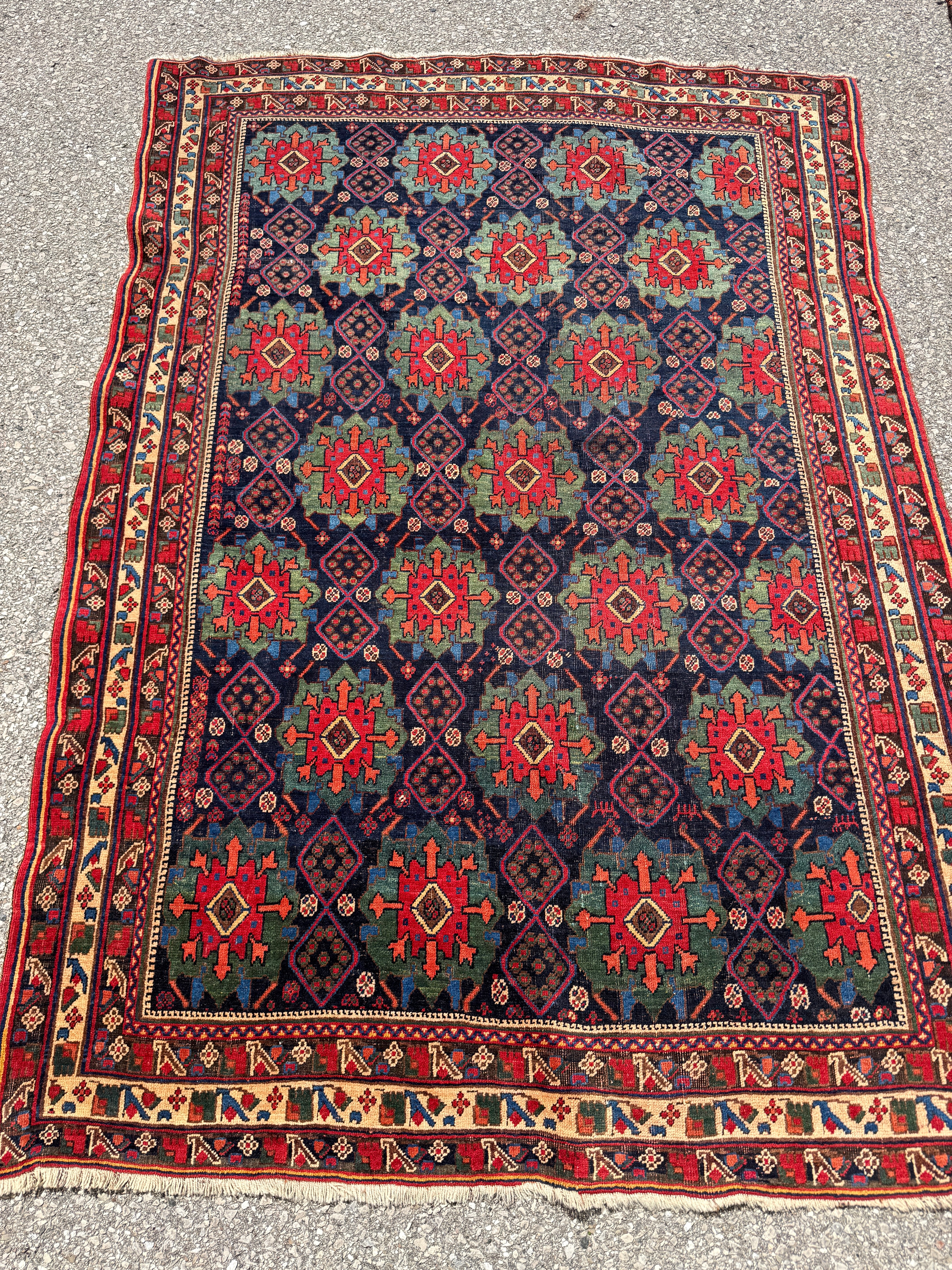 Antique Afshar Rug — Jade & Indigo Eight-Petalled Flowers. Additional original photograph showing the rug's surface, design and weave. SKU 2154.