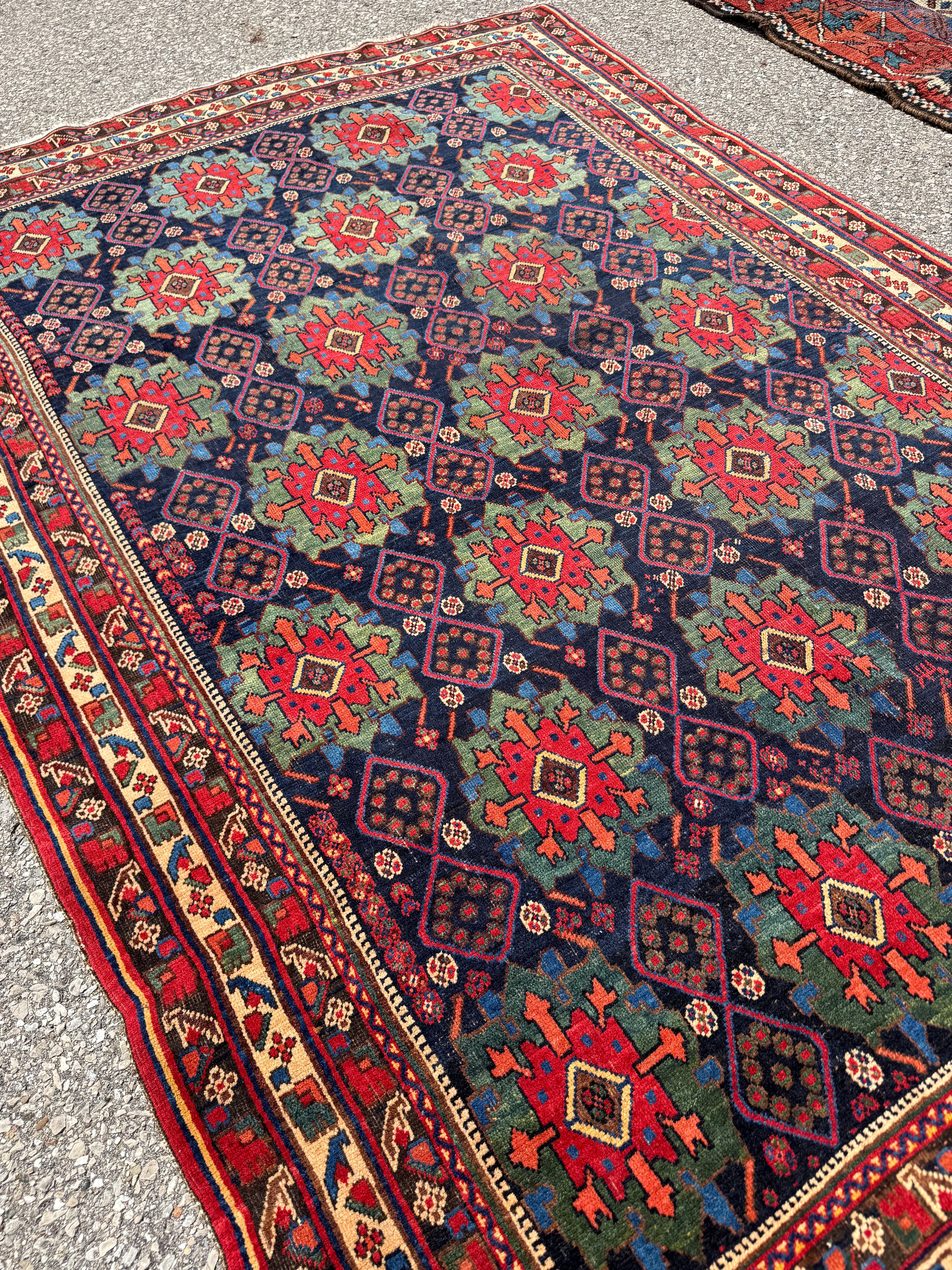 Antique Afshar Rug — Jade & Indigo Eight-Petalled Flowers. Additional original photograph showing the rug's surface, design and weave. SKU 2154.