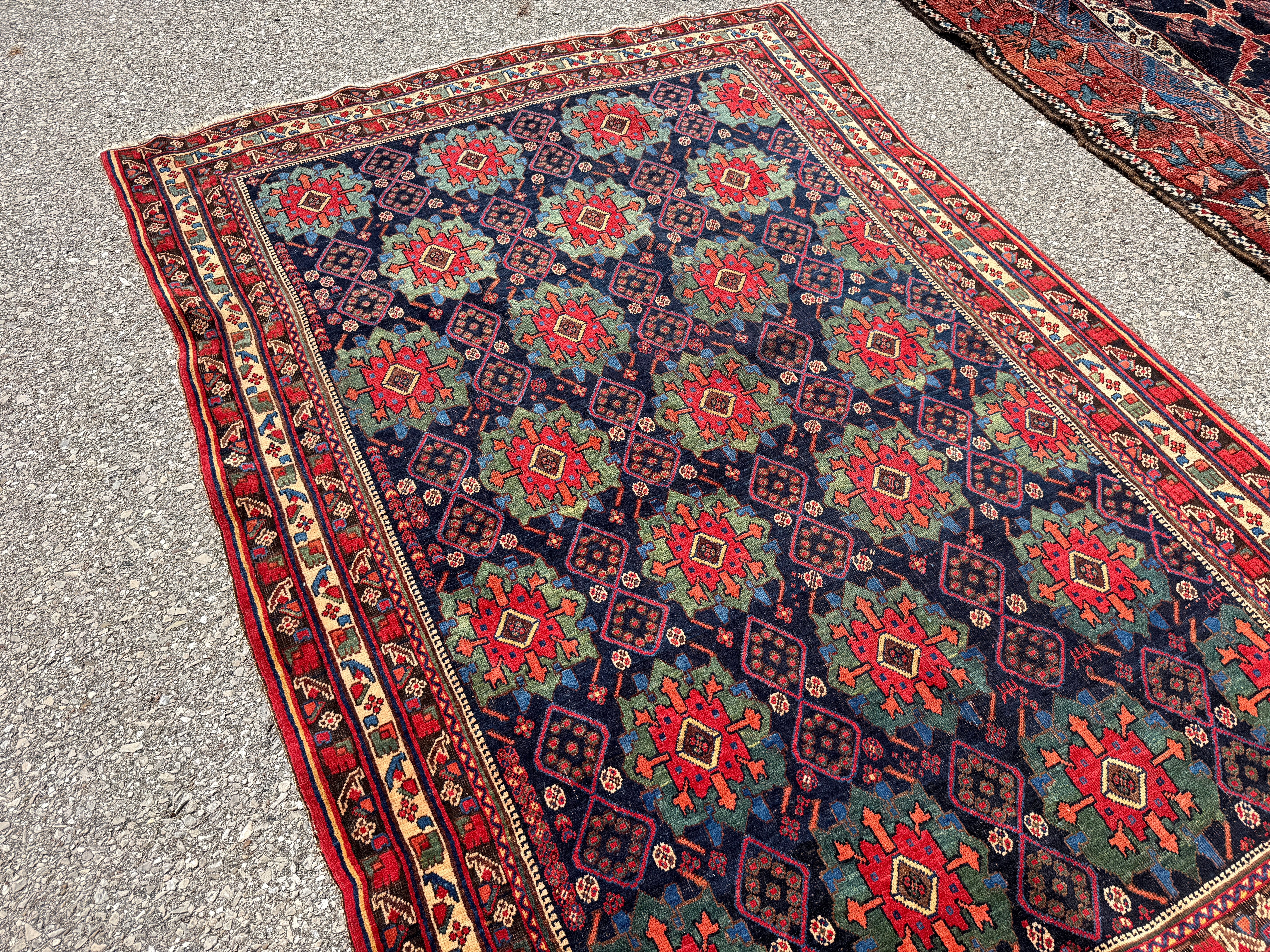 Antique Afshar Rug — Jade & Indigo Eight-Petalled Flowers. Additional original photograph showing the rug's surface, design and weave. SKU 2154.