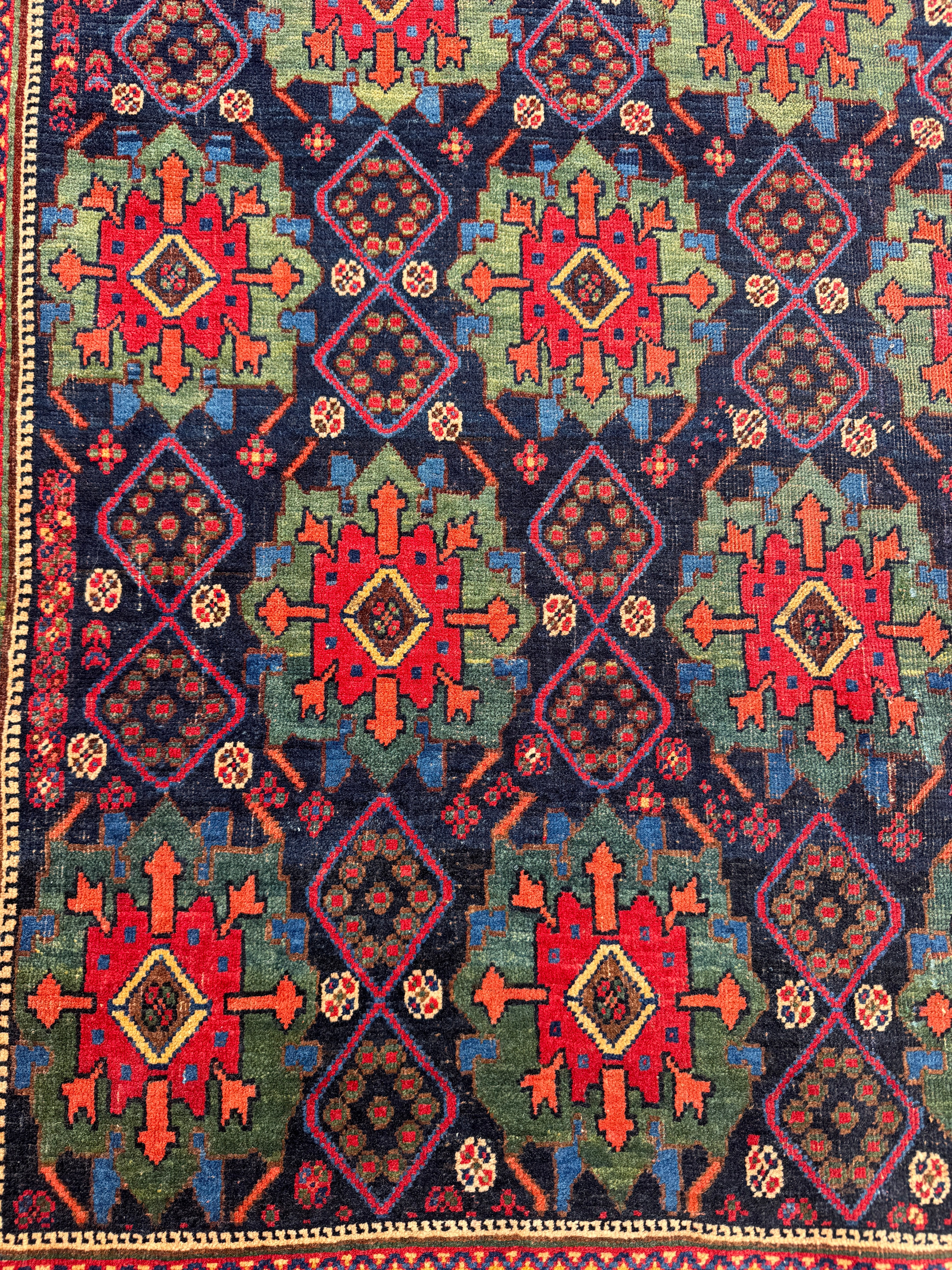 Antique Afshar Rug — Jade & Indigo Eight-Petalled Flowers. Additional original photograph showing the rug's surface, design and weave. SKU 2154.