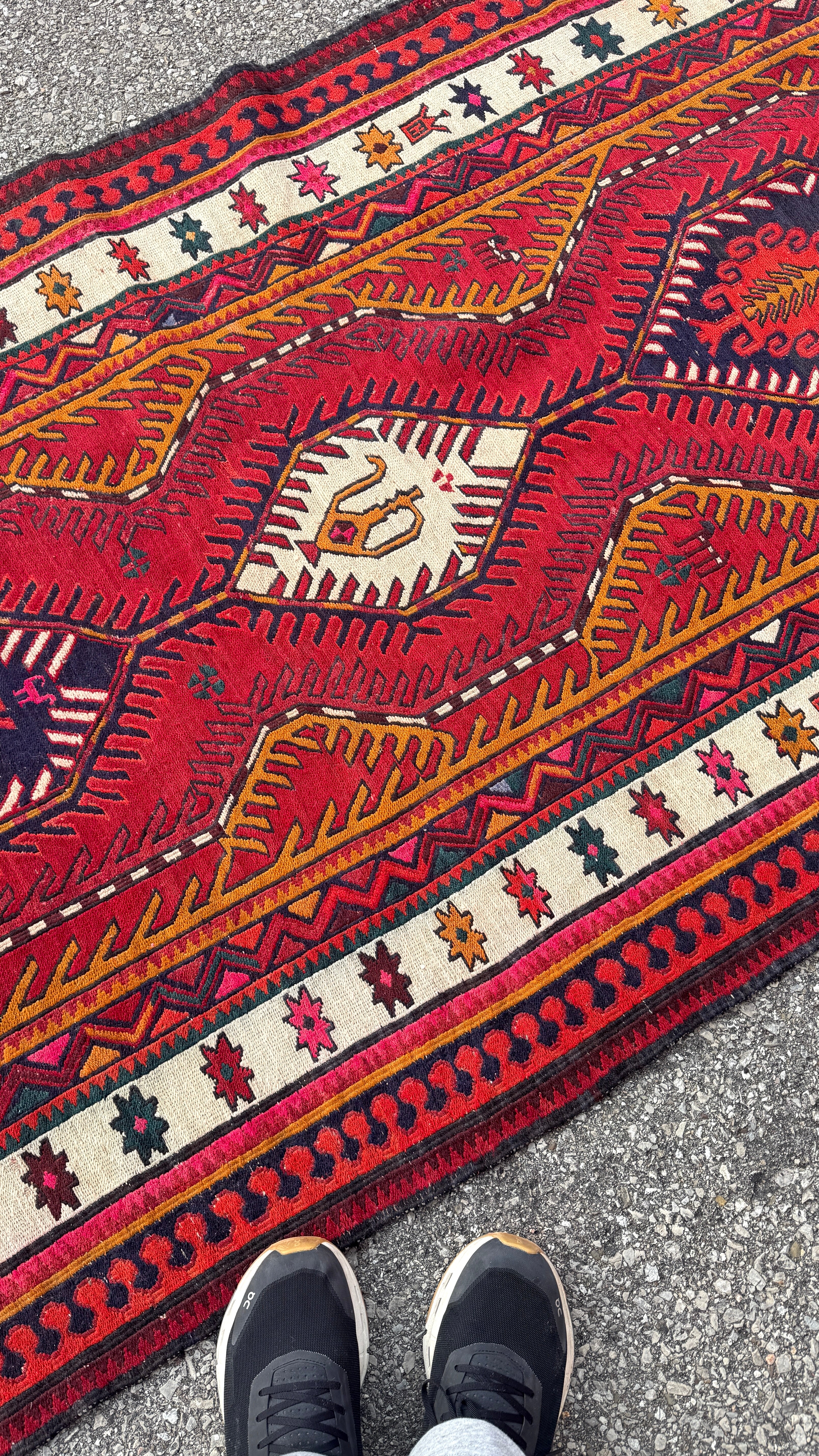 Vintage Persian Azerbaijan Soumak Runner — Ruby & Ivory Linked Diamonds. Additional original photograph showing the rug's surface, design and weave. SKU 2165.