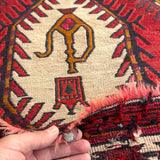 Vintage Persian Azerbaijan Soumak Runner — Ruby & Ivory Linked Diamonds. Additional original photograph showing the rug's surface, design and weave. SKU 2165.