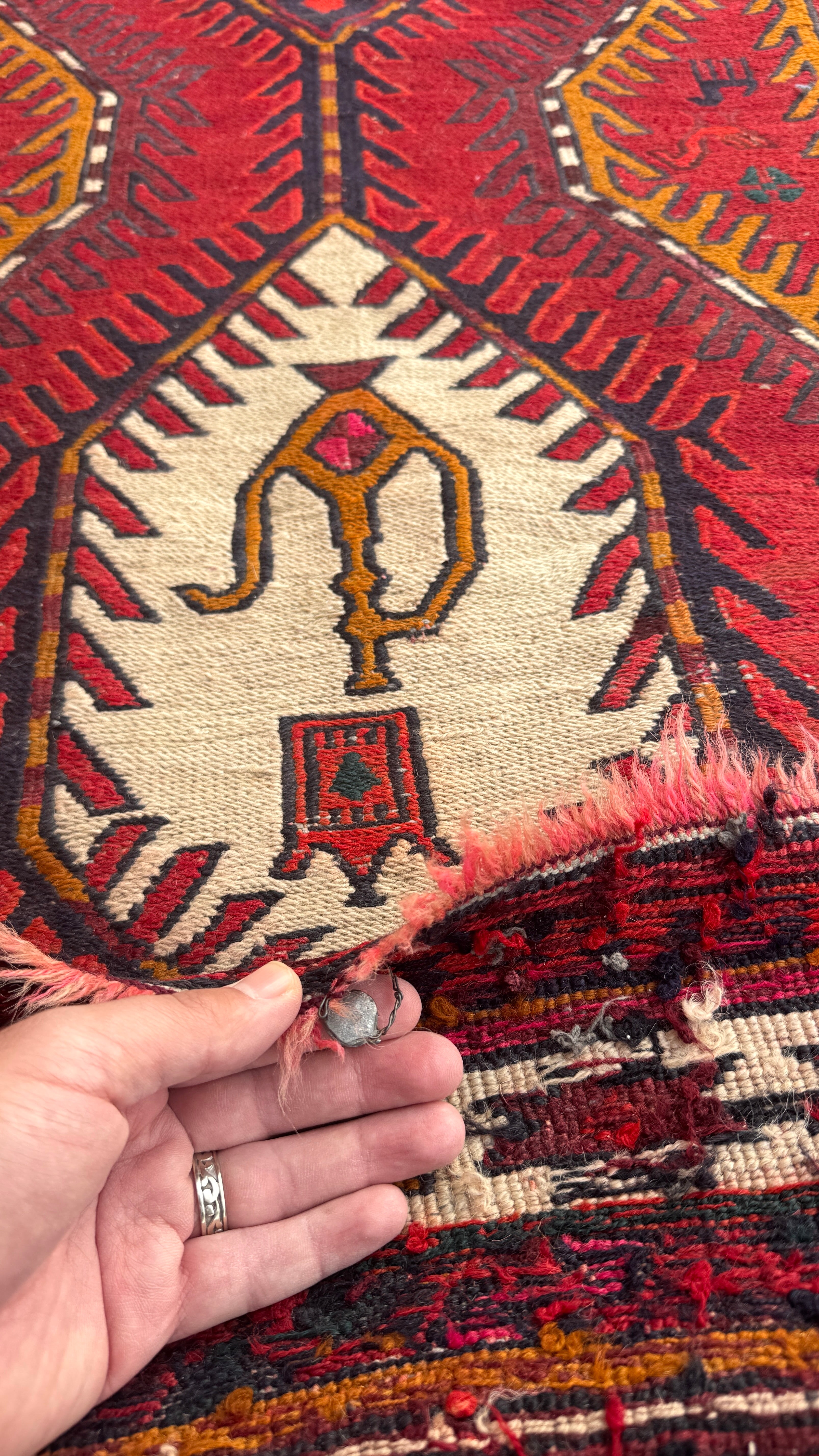 Vintage Persian Azerbaijan Soumak Runner — Ruby & Ivory Linked Diamonds. Additional original photograph showing the rug's surface, design and weave. SKU 2165.