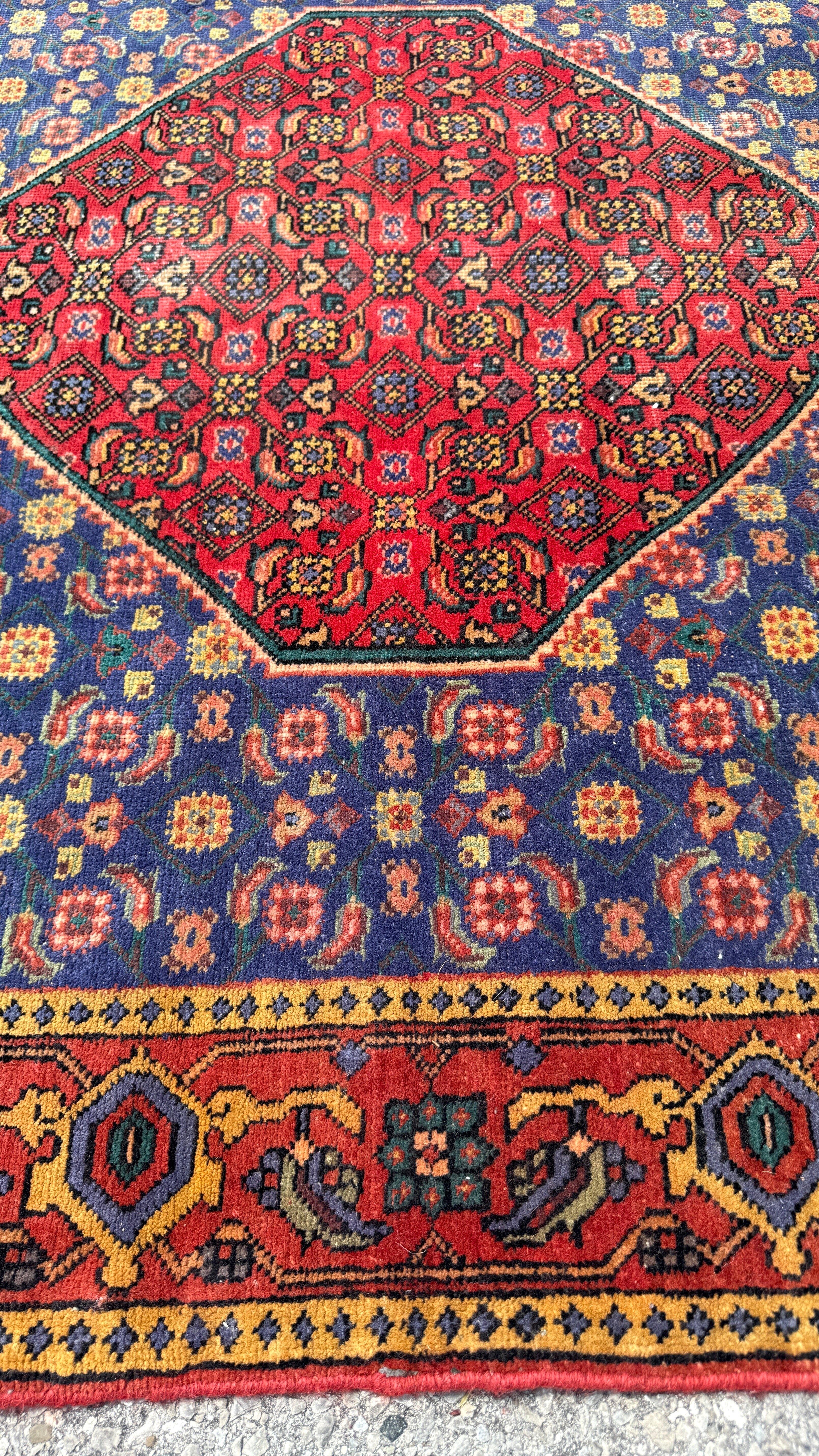 Vintage Ardabil Rug — Cornflower Blue & Ruby Mahi. Additional original photograph showing the rug's surface, design and weave. SKU 52403027.