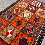 Vintage Shiraz Rug — Scarlet & Ivory Geometric Panels. Additional original photograph showing the rug's surface, design and weave. SKU 52501027.