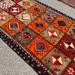 Vintage Shiraz Rug — Scarlet & Ivory Geometric Panels. Additional original photograph showing the rug's surface, design and weave. SKU 52501027.