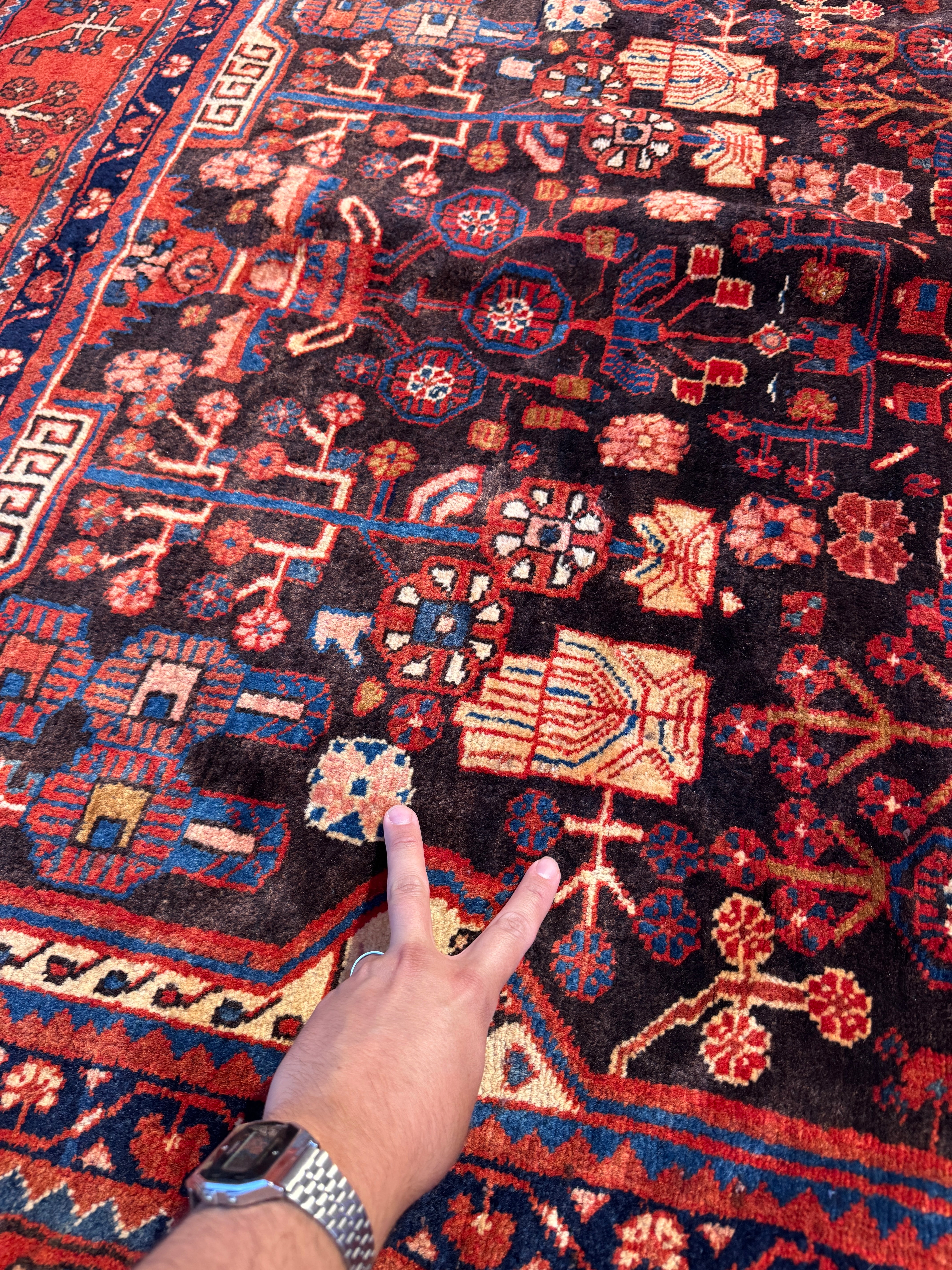 Vintage Nahavand Rug — Burnt Sienna & Indigo Village Motifs. Additional original photograph showing the rug's surface, design and weave. SKU 52507103.