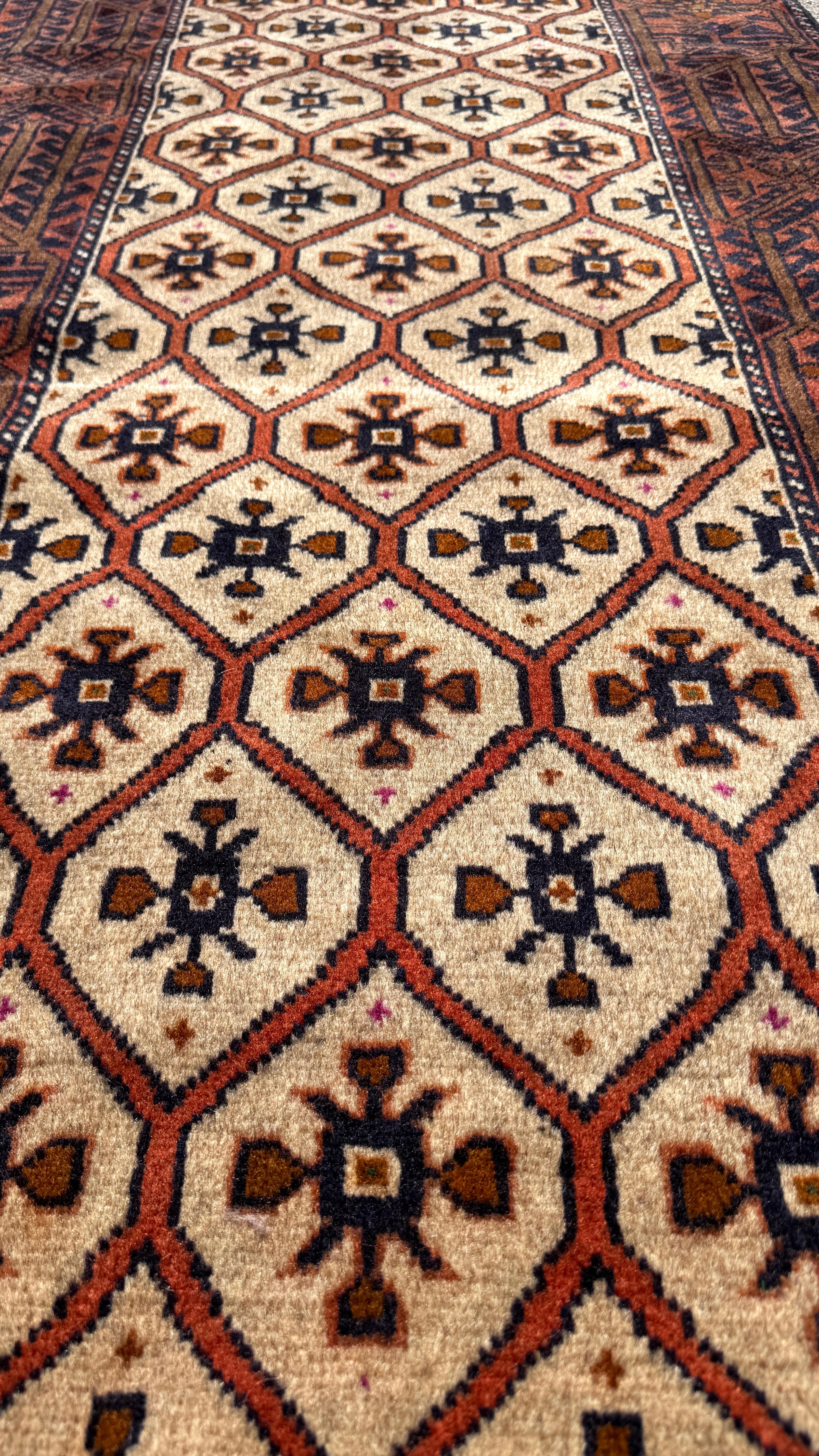 Quchan Kurdish Runner — Ivory Rosette Lattice & Rust Border. Additional original photograph showing the rug's surface, design and weave. SKU 52510150.