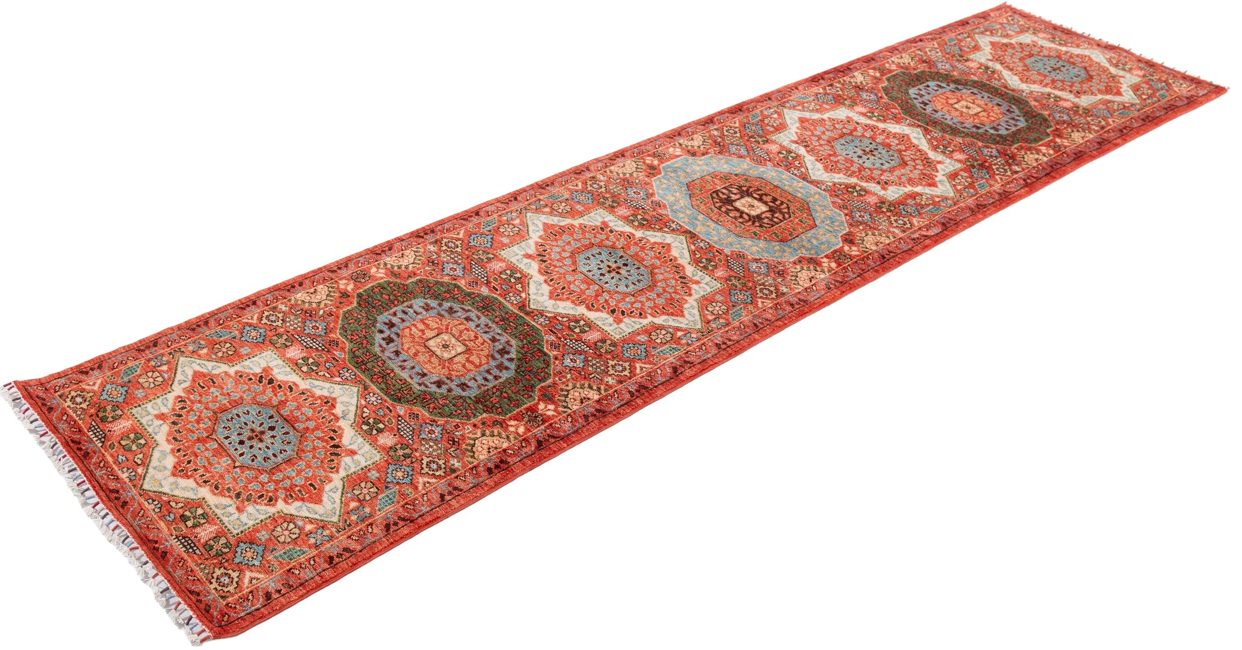 Afghan Mamluk Runner in rust and turquoise — pattern, texture or angled view