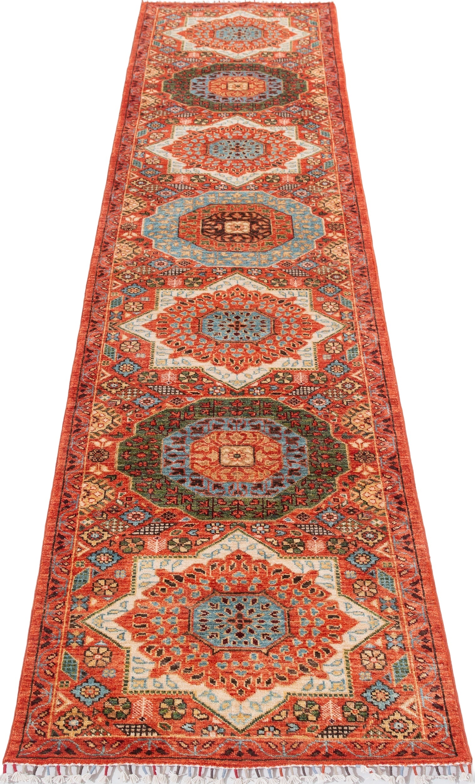 Afghan Mamluk Runner in rust and turquoise — pattern, texture or angled view