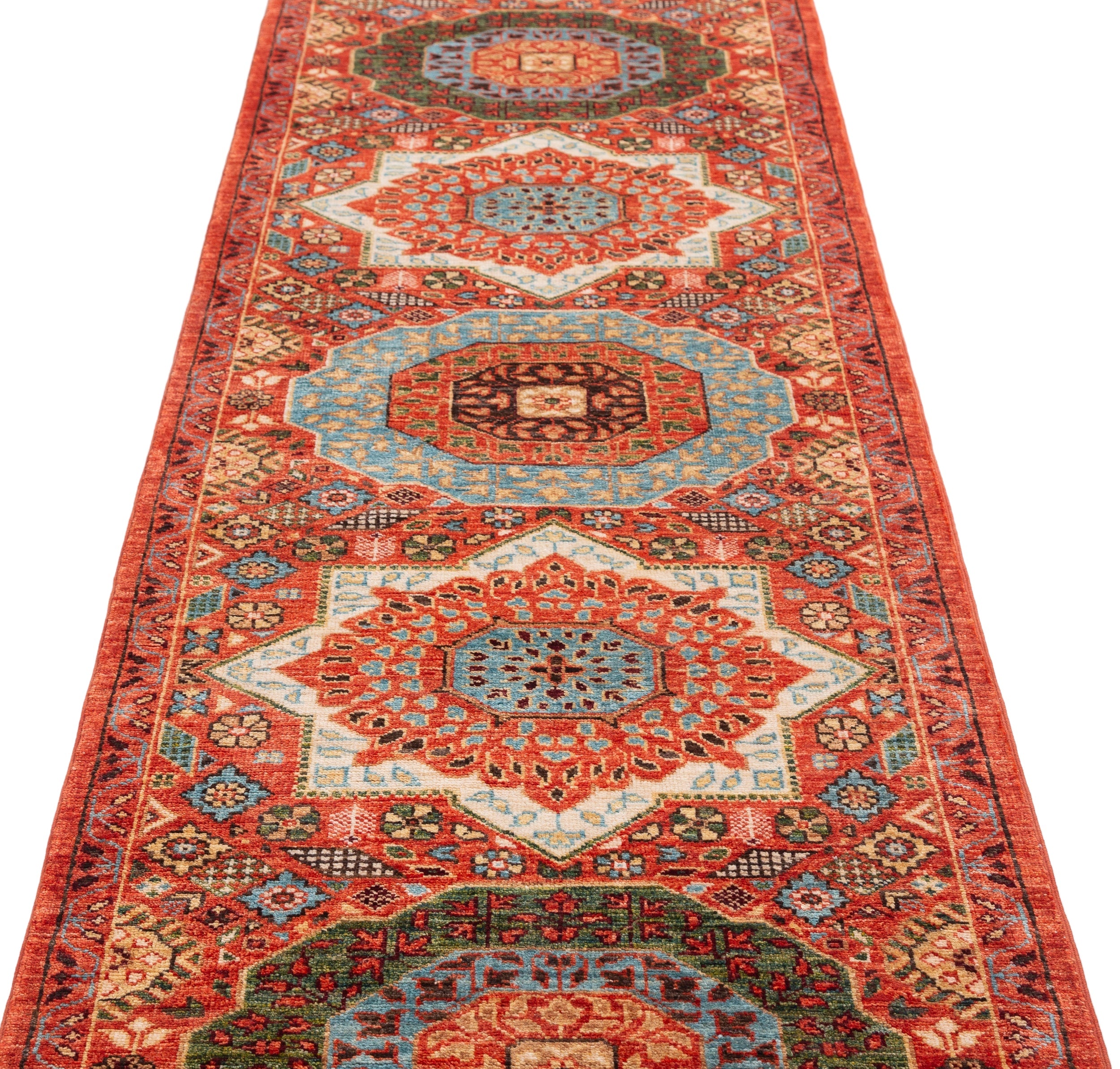 Afghan Mamluk Runner in rust and turquoise — pattern, texture or angled view