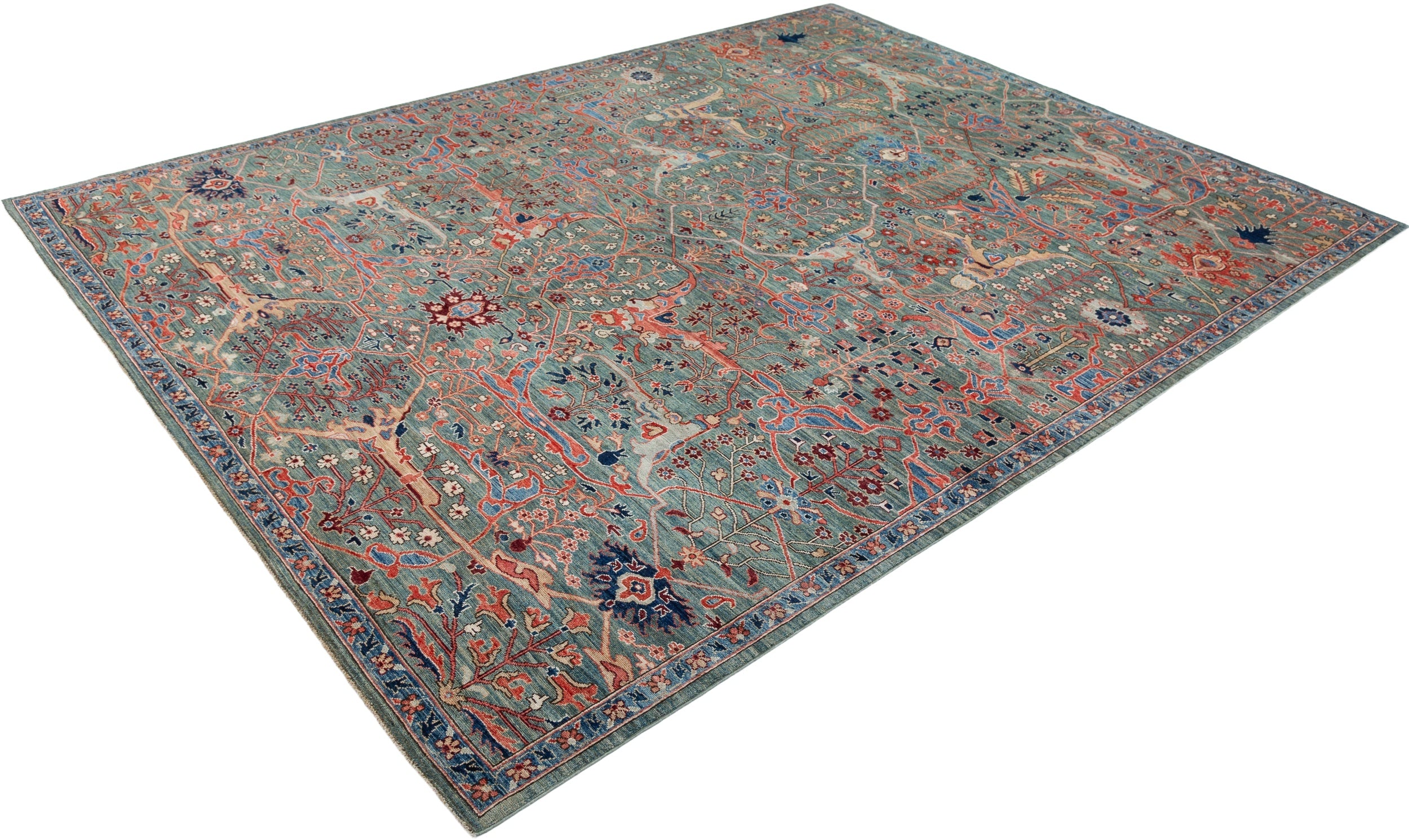 Afghan Chobbi Rug in muted green, rust and navy — pattern, texture or angled view