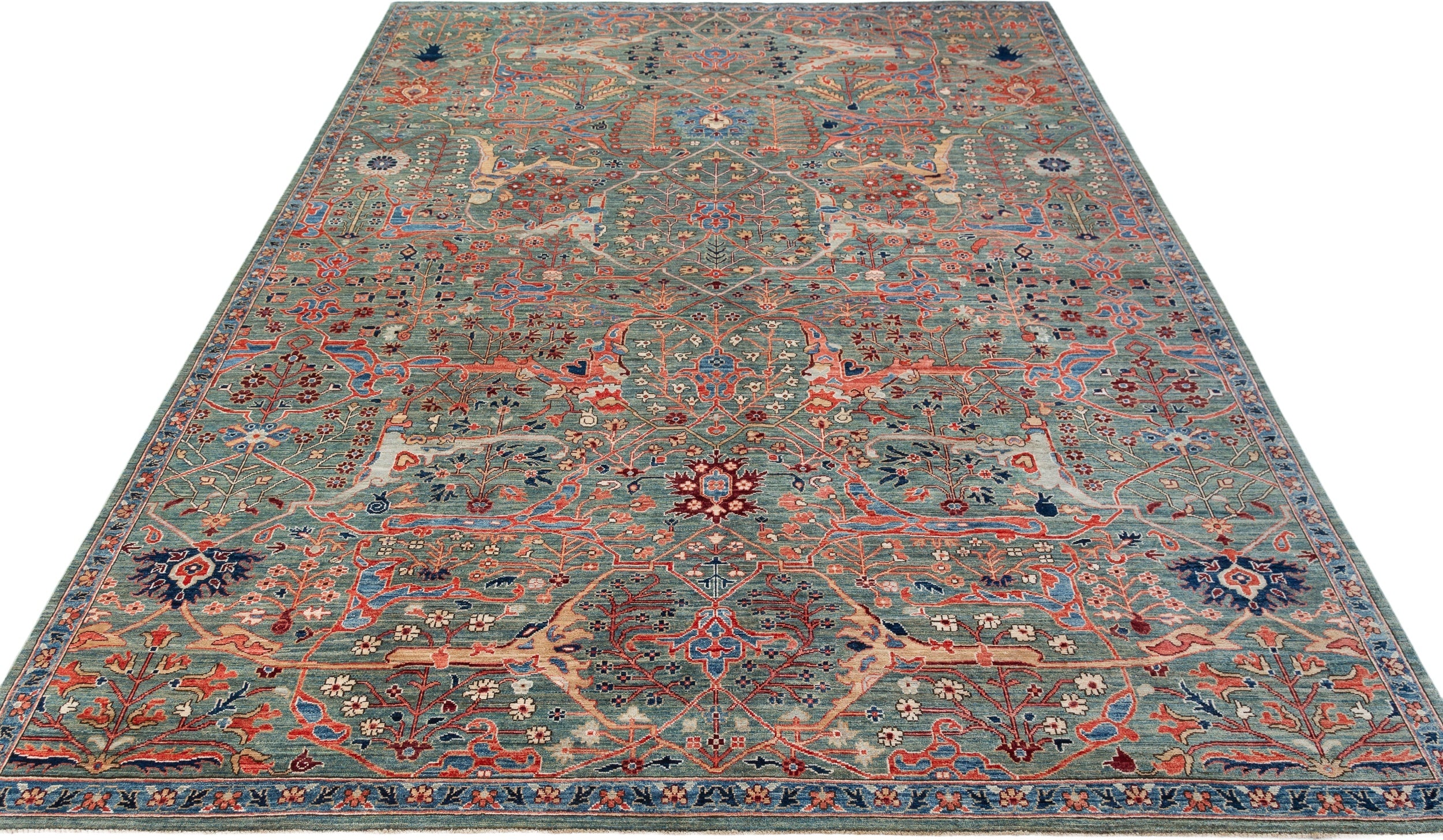 Afghan Chobbi Rug in muted green, rust and navy — pattern, texture or angled view