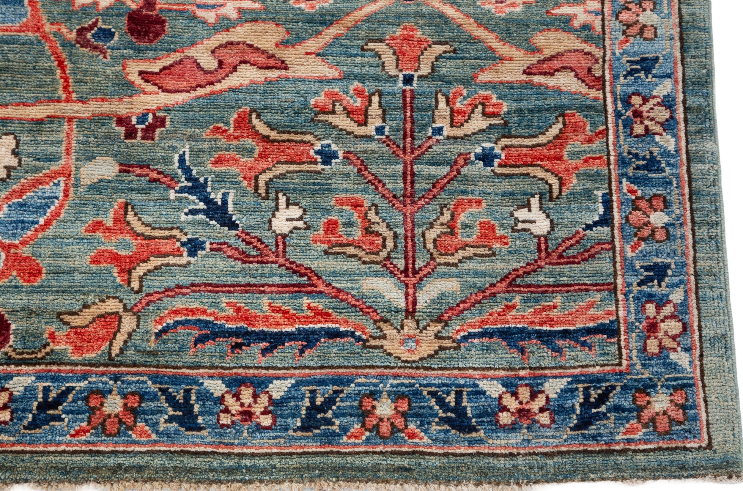 Afghan Chobbi Rug in muted green, rust and navy — pattern, texture or angled view