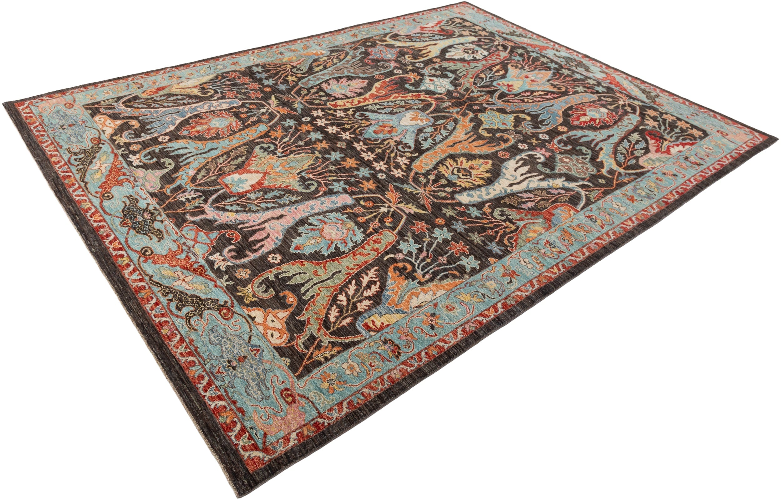 Afghan Chobbi Rug in charcoal, blue and rust — pattern, texture or angled view