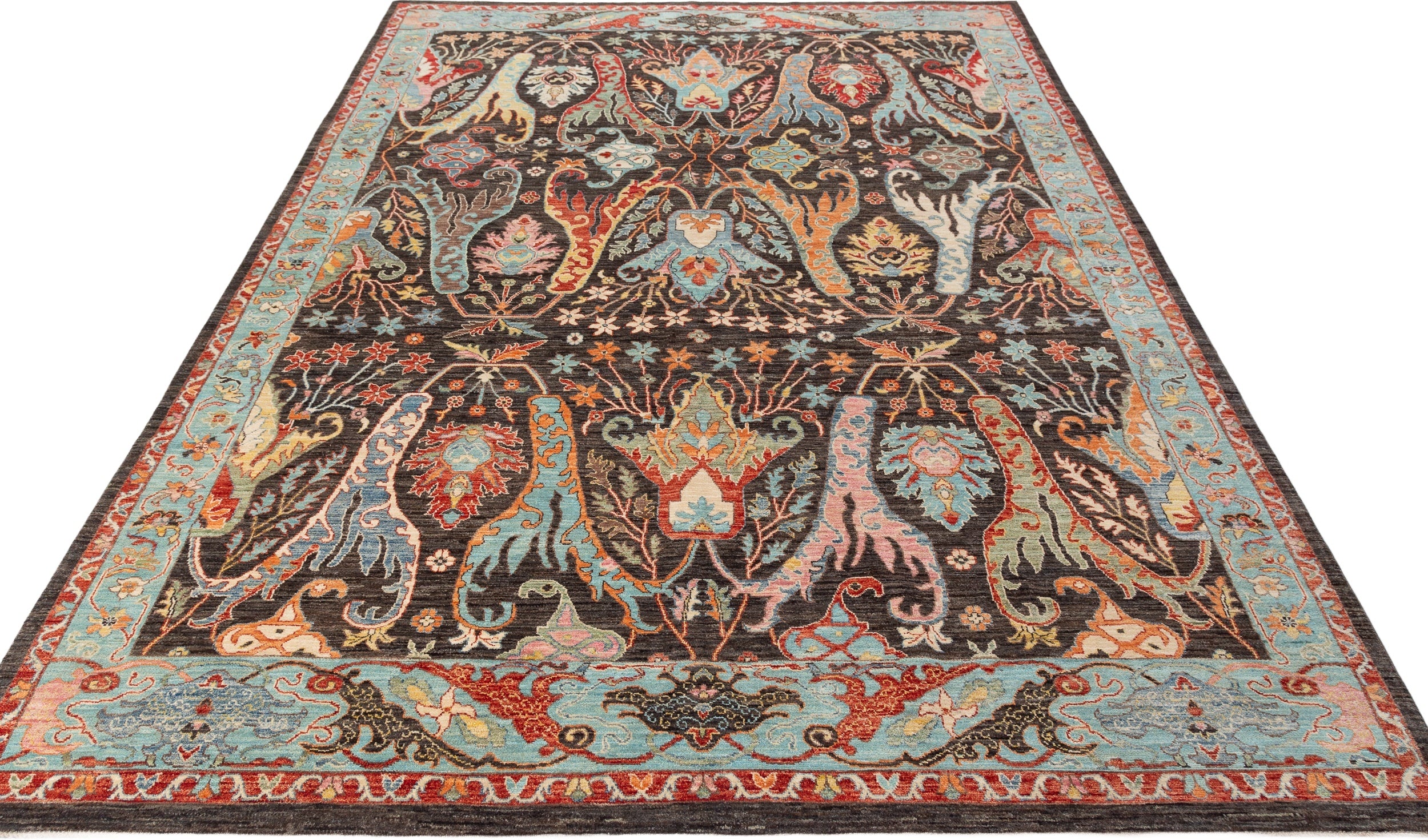 Afghan Chobbi Rug in charcoal, blue and rust — pattern, texture or angled view