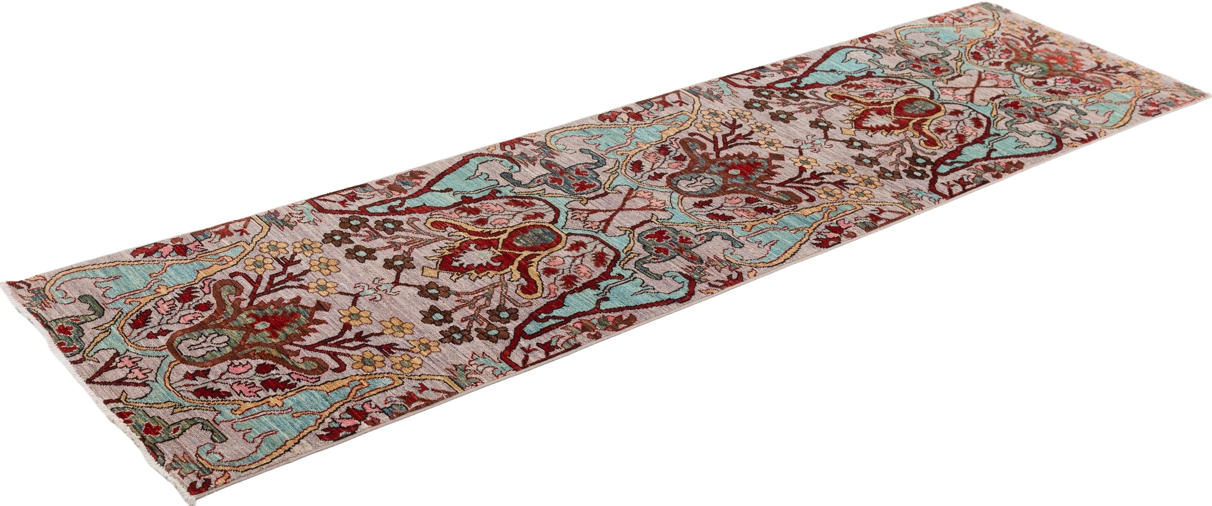 Afghan Chobbi Runner in cream, turquoise and burgundy — pattern, texture or angled view