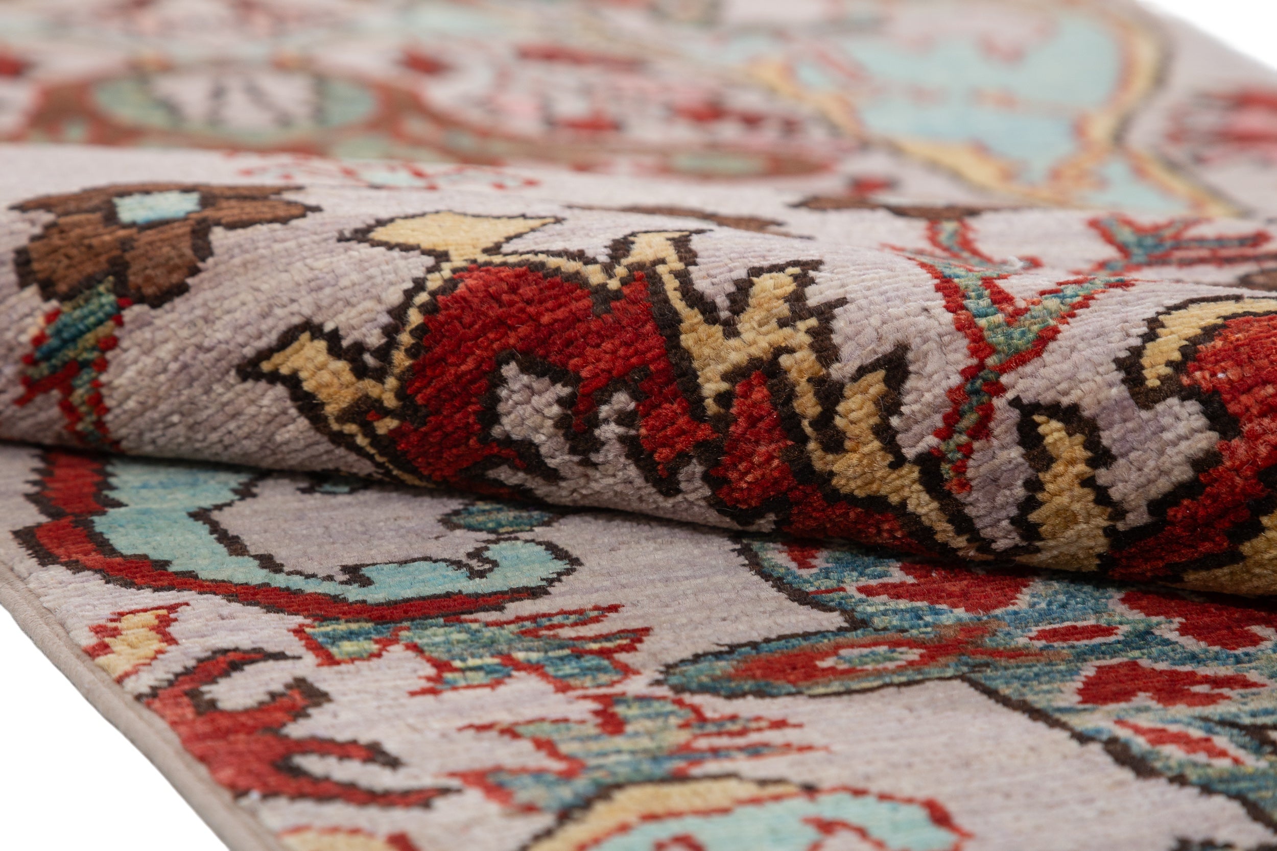 Afghan Chobbi Runner in cream, turquoise and burgundy — pattern, texture or angled view