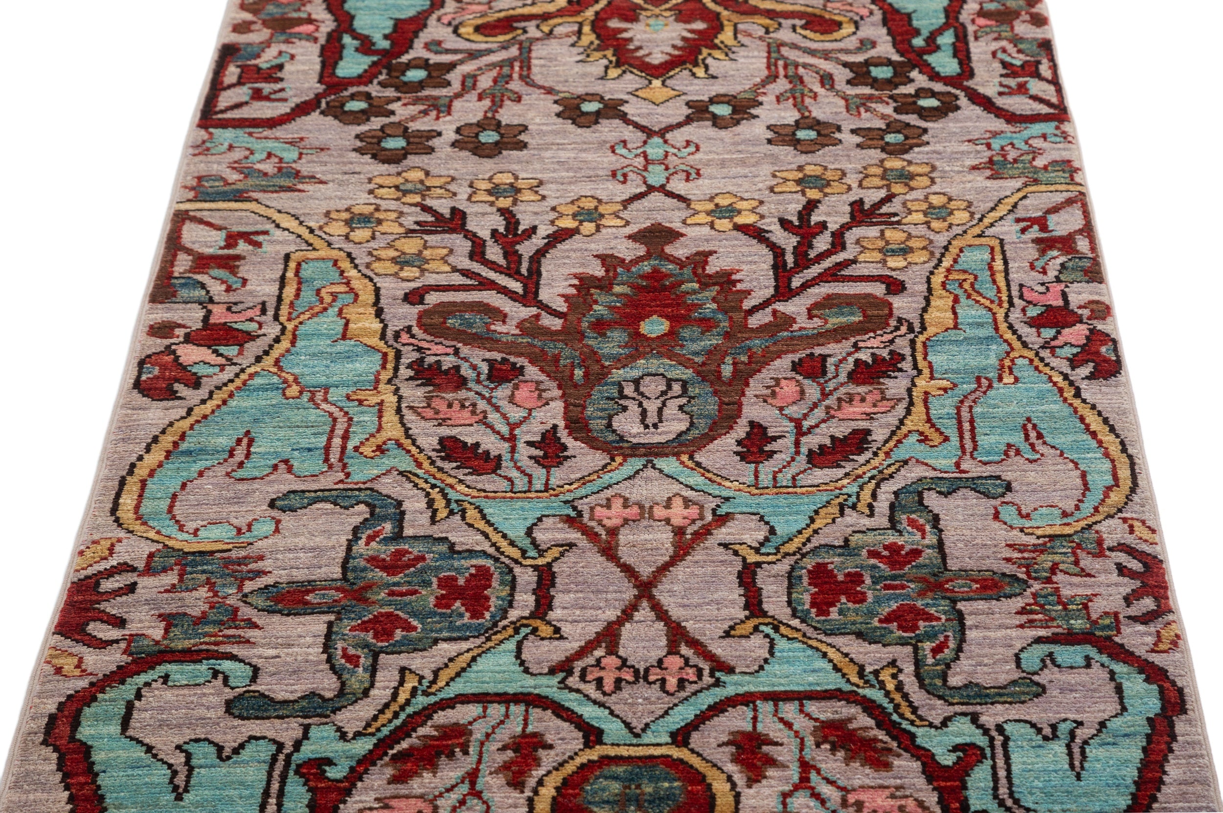 Afghan Chobbi Runner in cream, turquoise and burgundy — pattern, texture or angled view