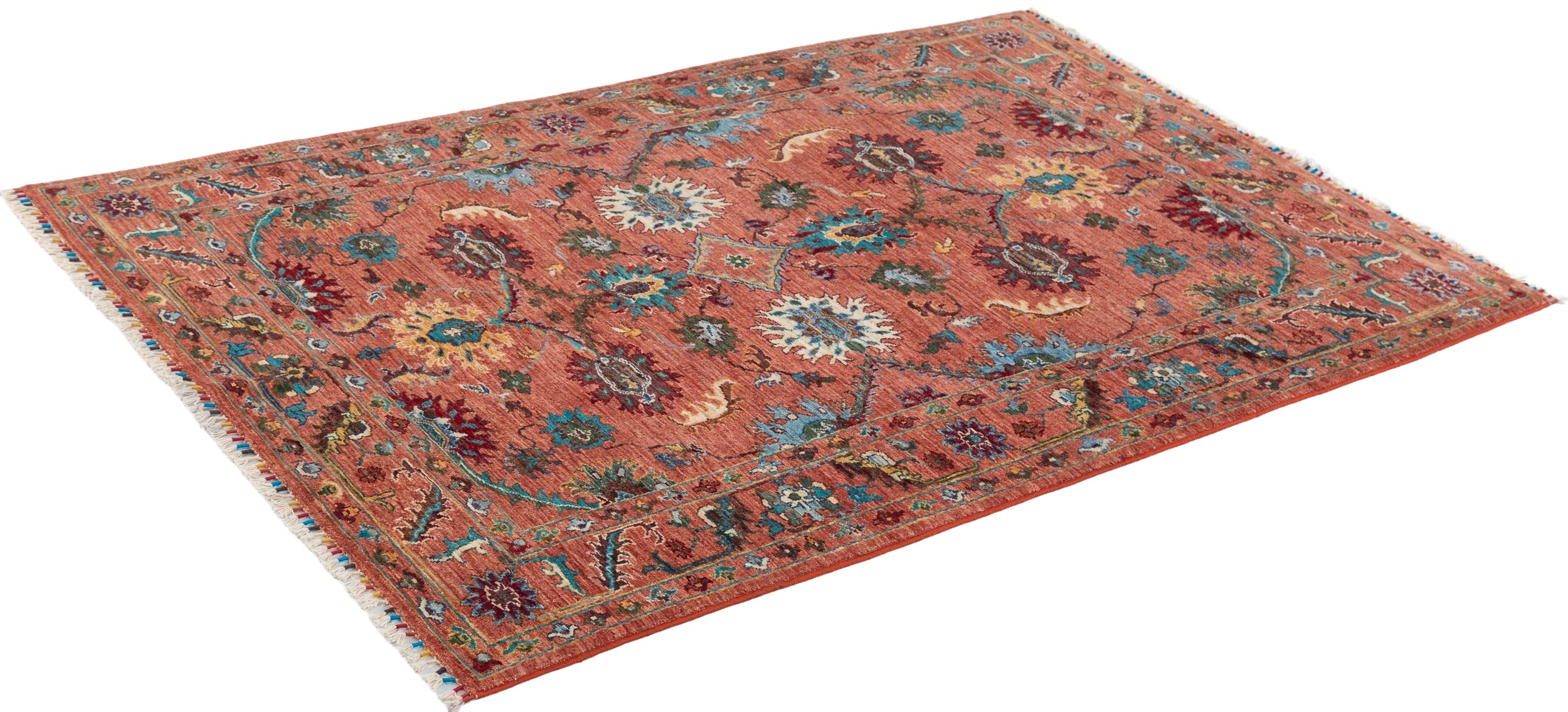 Afghan Sultani Rug in rust and teal — pattern, texture or angled view