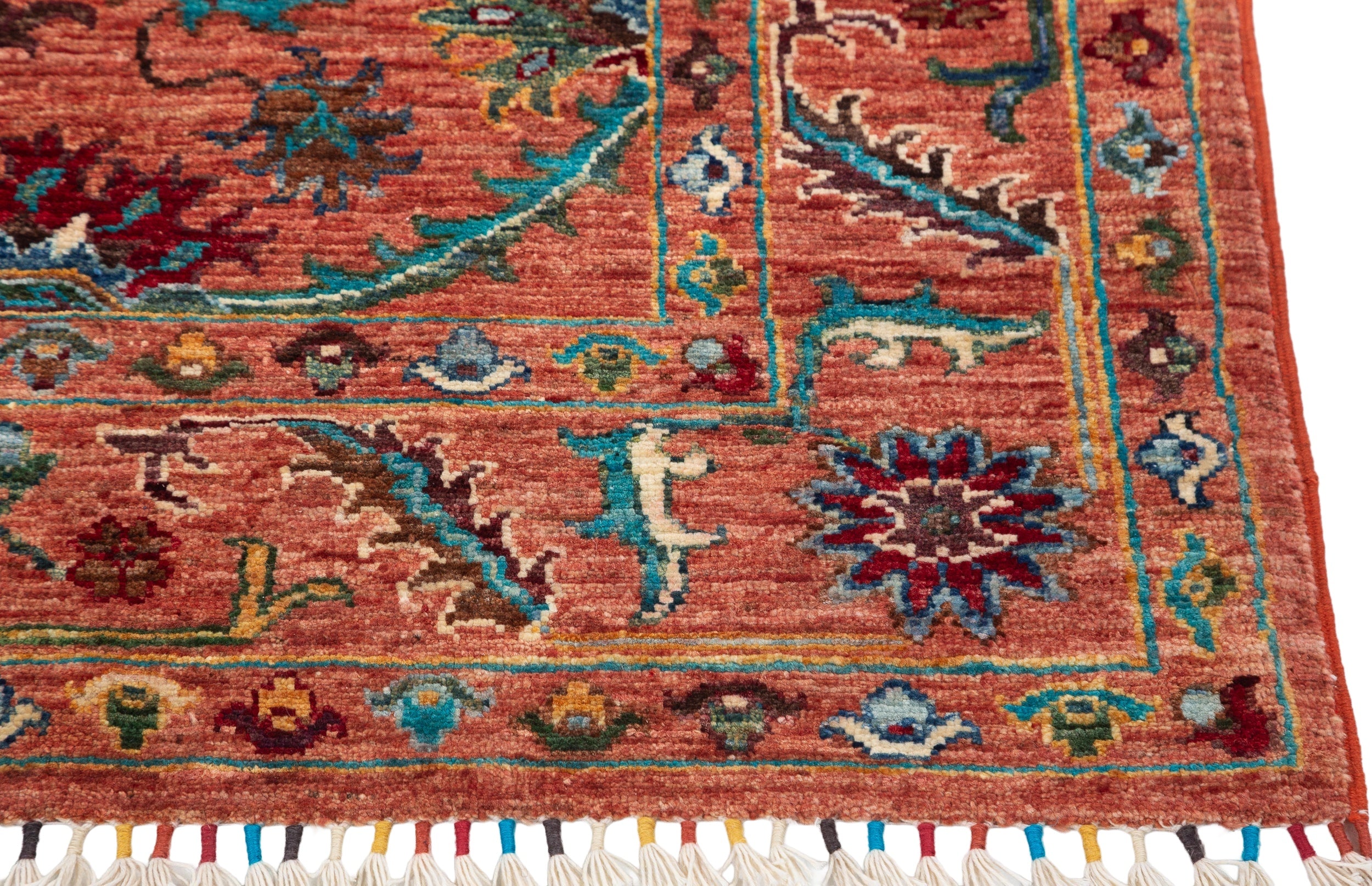 Afghan Sultani Rug in rust and teal — pattern, texture or angled view
