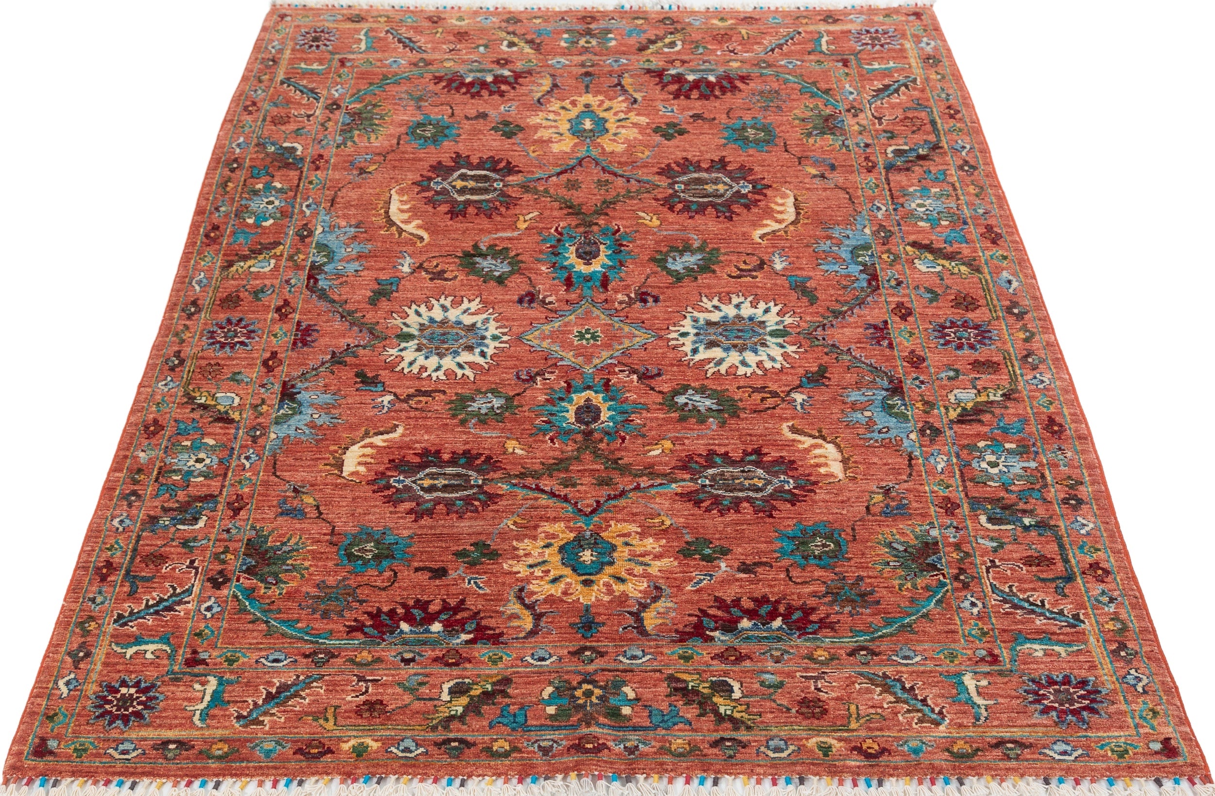 Afghan Sultani Rug in rust and teal — pattern, texture or angled view