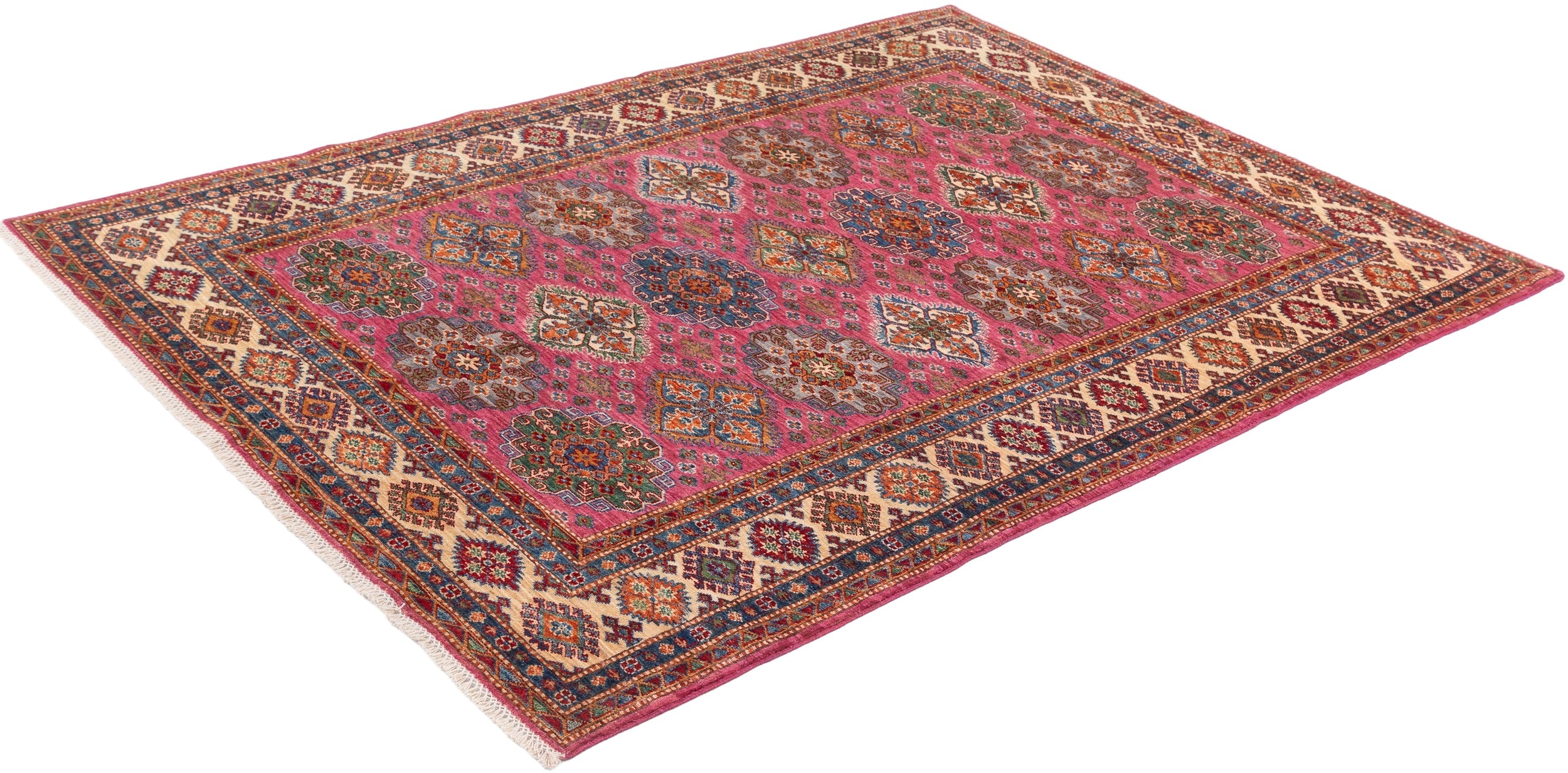 Afghan Super Kazak Rug in rose, navy and gold — pattern, texture or angled view