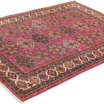 Afghan Super Kazak Rug in rose, navy and gold — pattern, texture or angled view