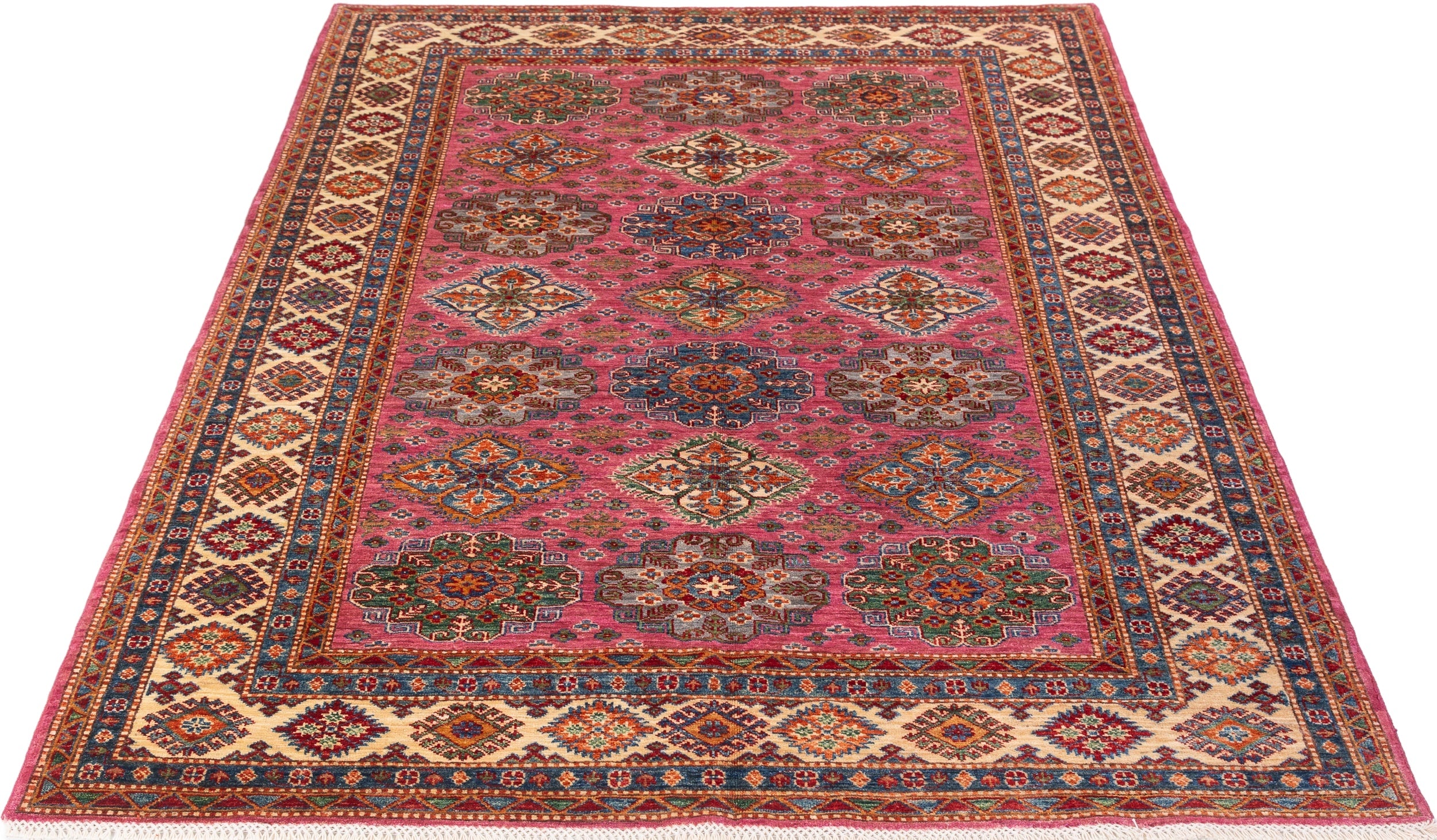 Afghan Super Kazak Rug in rose, navy and gold — pattern, texture or angled view