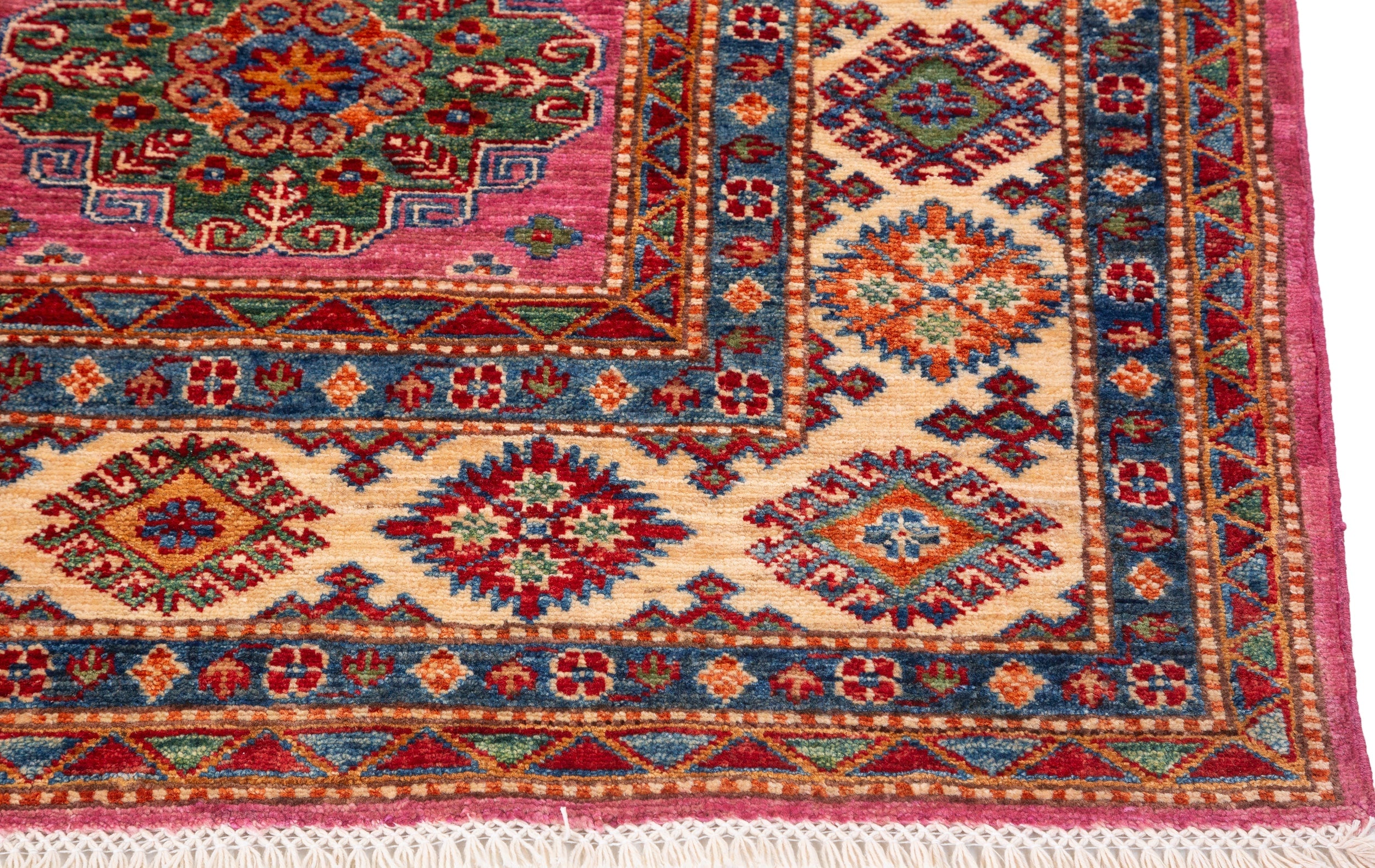 Afghan Super Kazak Rug in rose, navy and gold — pattern, texture or angled view