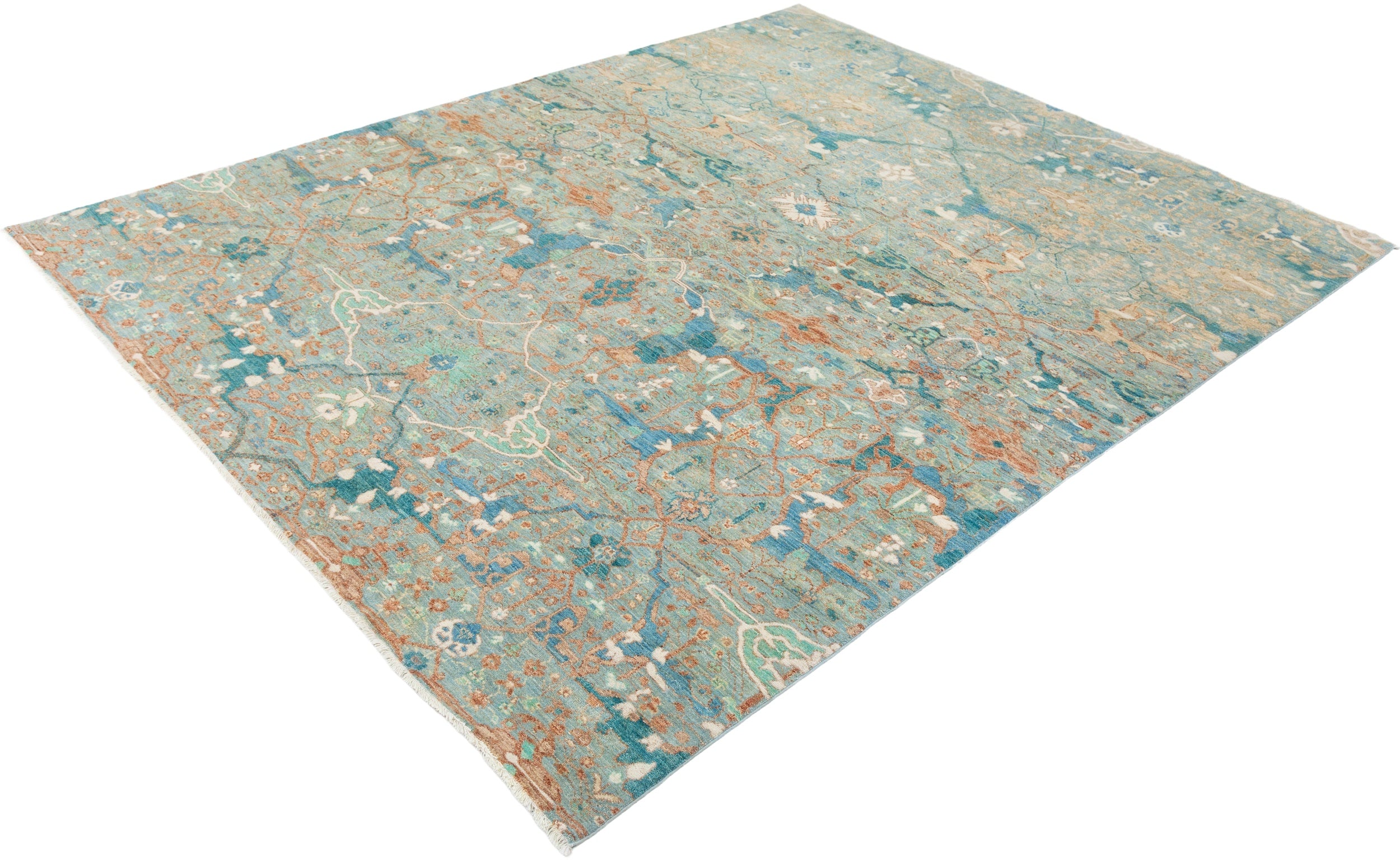 Chobbi Rug in pale turquoise and sand — pattern, texture or angled view