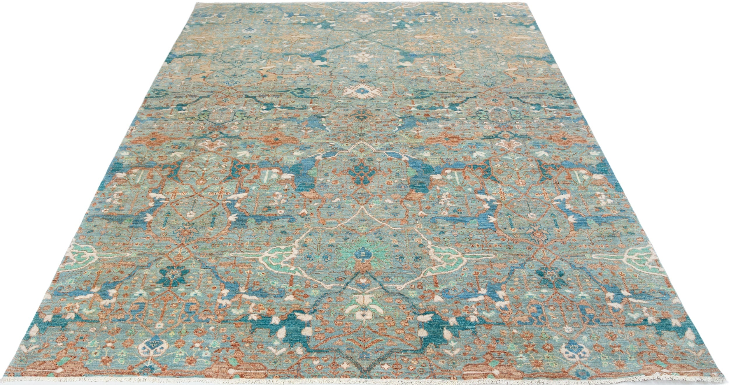Chobbi Rug in pale turquoise and sand — pattern, texture or angled view
