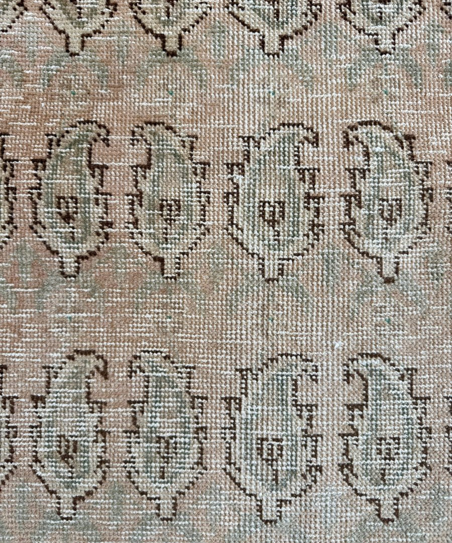Close-up of beige rug showing repeating paisley medallion motifs in teal and dark lines