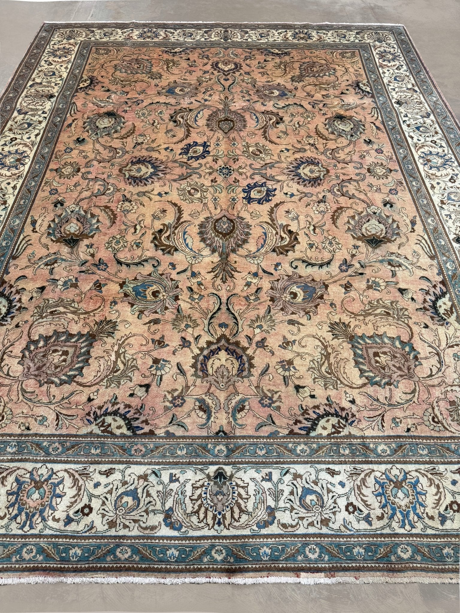 Tabriz Rug — Peach & Slate Blue | 9'11" × 12'10" - Rug the Rock - availableFloralHand-knotted