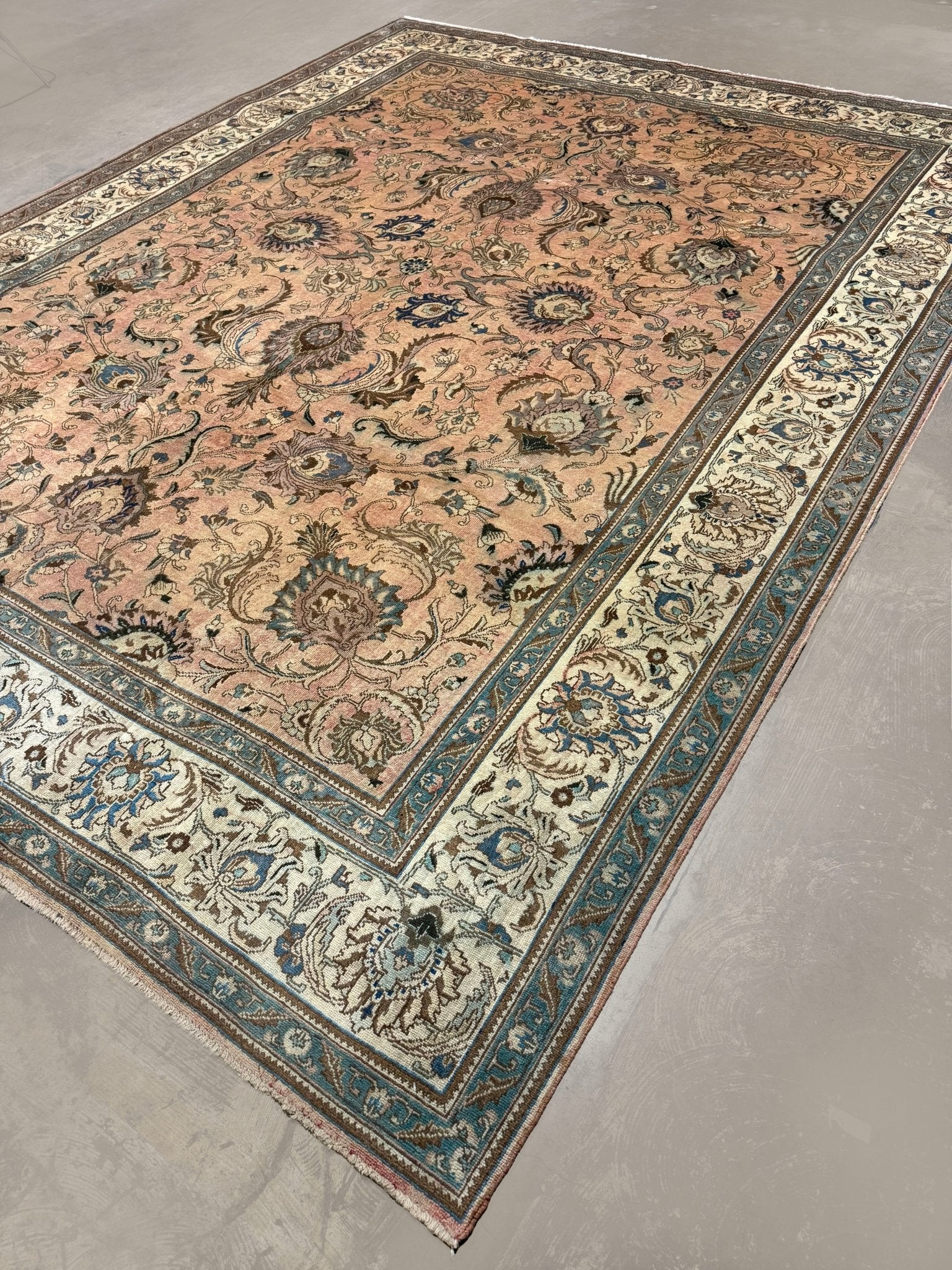 Tabriz Rug — Peach & Slate Blue | 9'11" × 12'10" - Rug the Rock - availableFloralHand-knotted