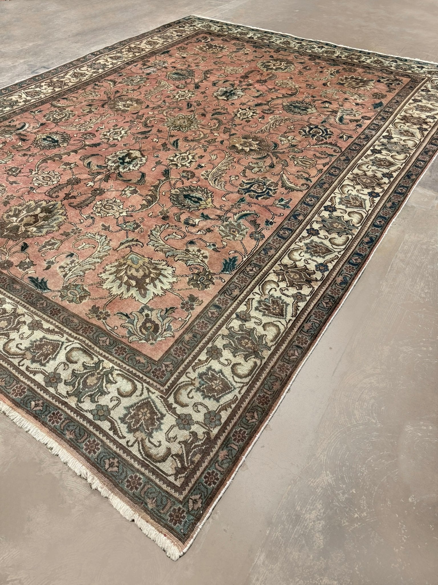 Tabriz Rug — Salmon Pink & Ivory Florals | 9'9" × 12'9" - Rug the Rock - availableFloralHand-knotted