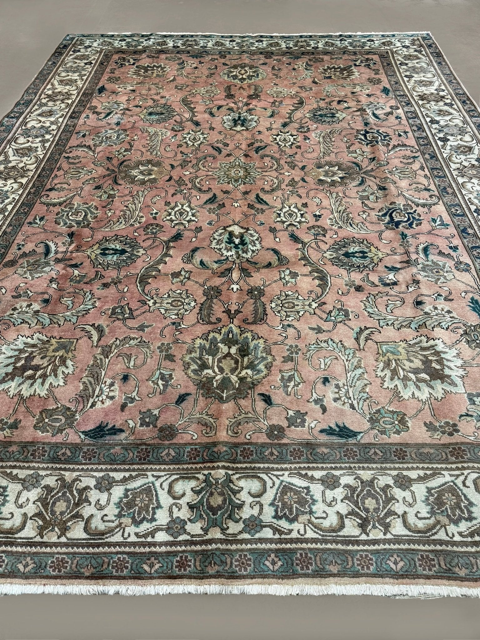 Tabriz Rug — Salmon Pink & Ivory Florals | 9'9" × 12'9" - Rug the Rock - availableFloralHand-knotted