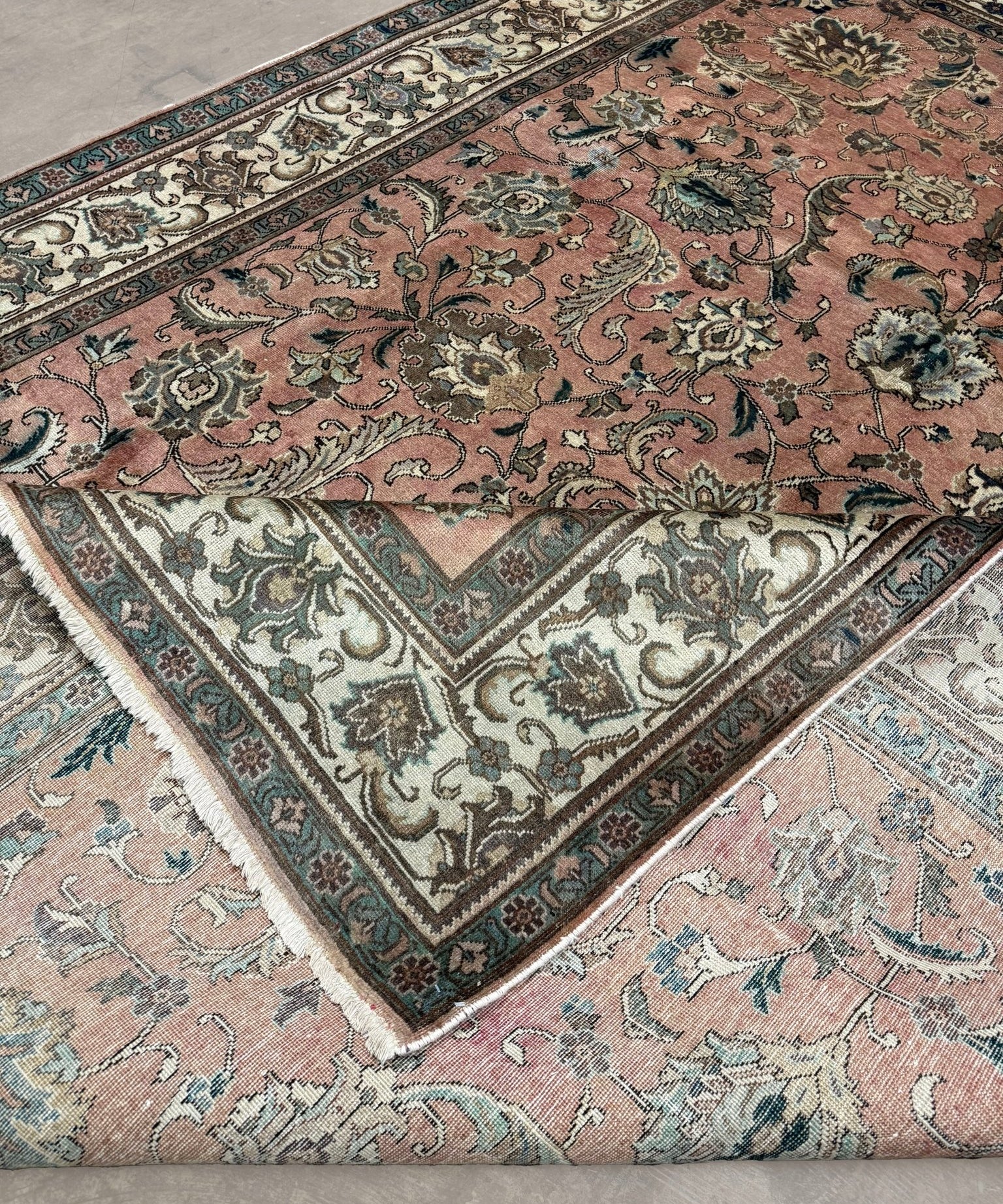 Tabriz Rug — Salmon Pink & Ivory Florals | 9'9" × 12'9" - Rug the Rock - availableFloralHand-knotted