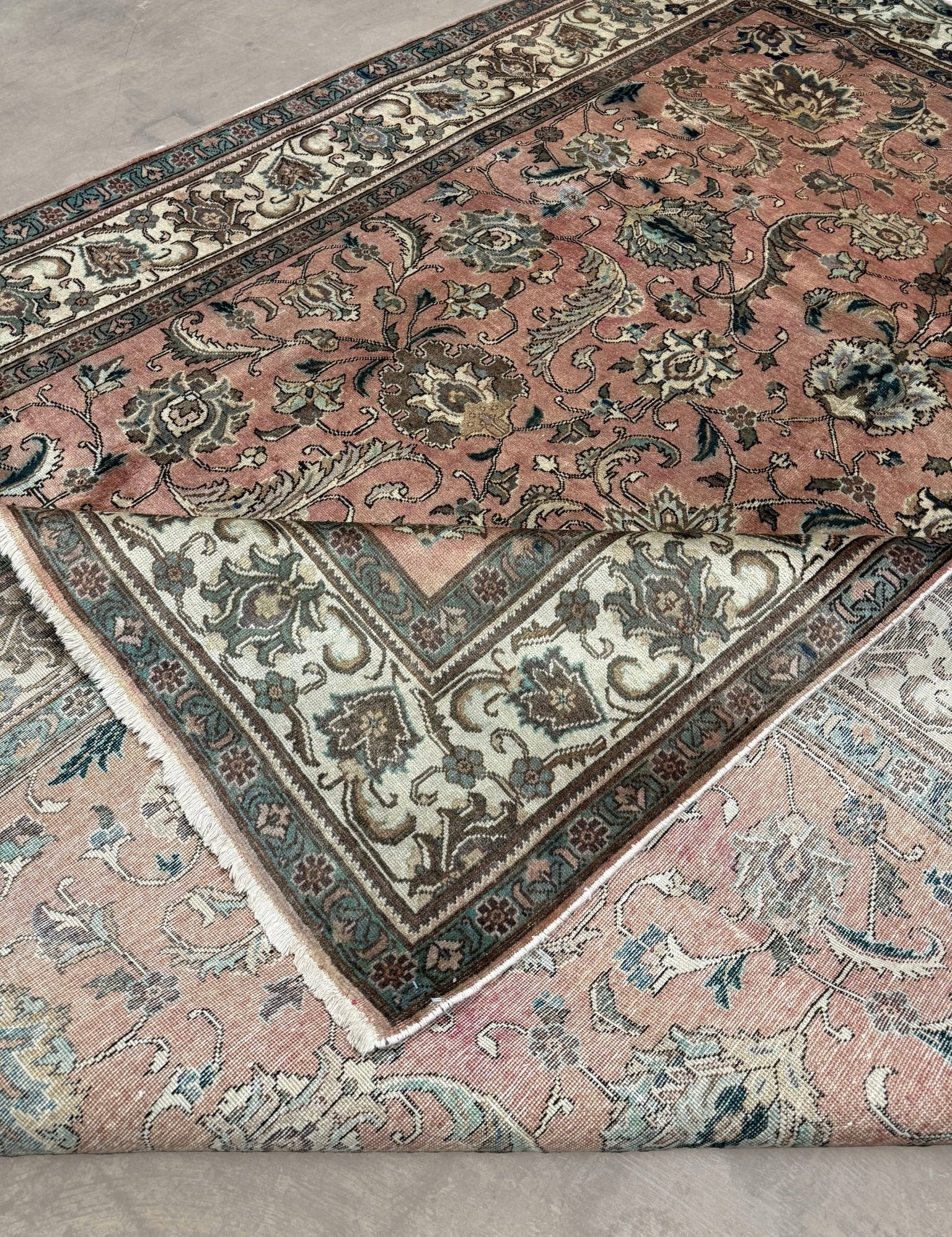 Tabriz Rug — Salmon Pink & Ivory Florals | 9'9" × 12'9" - Rug the Rock - availableFloralHand-knotted