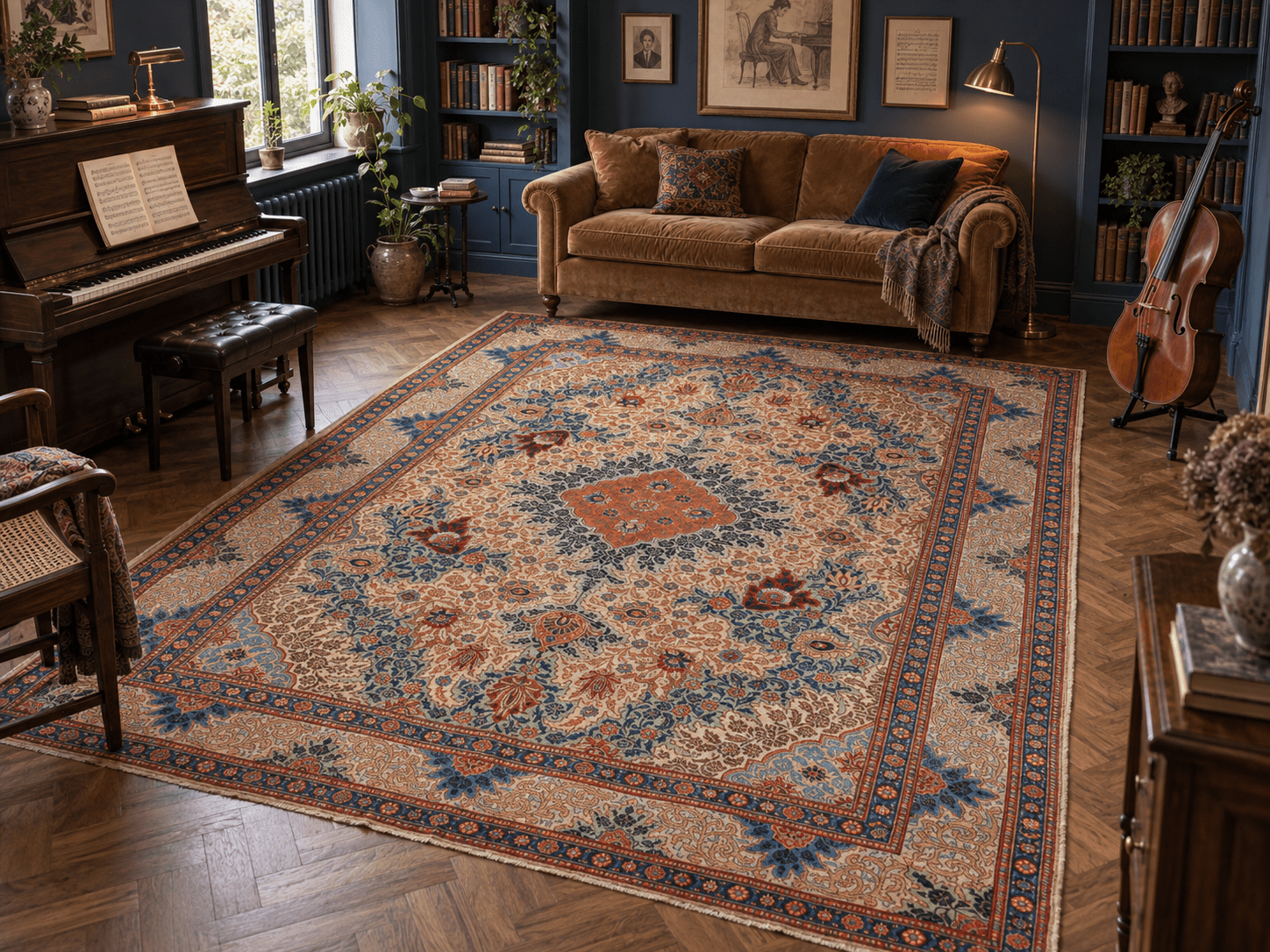 Tabriz Rug — Terracotta & Blue Cascading Florals | 9'5" × 12'8" - Rug the Rock -