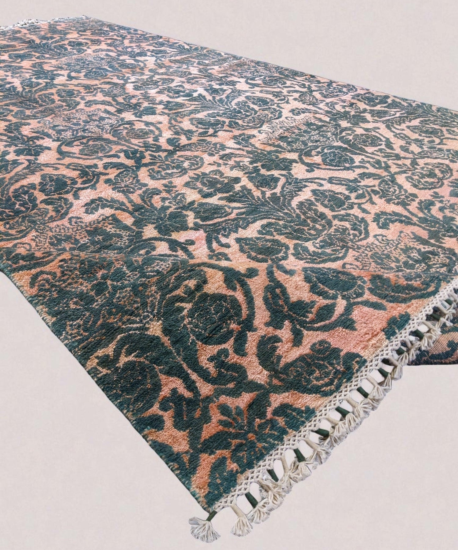 Transitional Chobi Rug — Ikat Florals in Teal & Rust | 6'0" × 9'1"